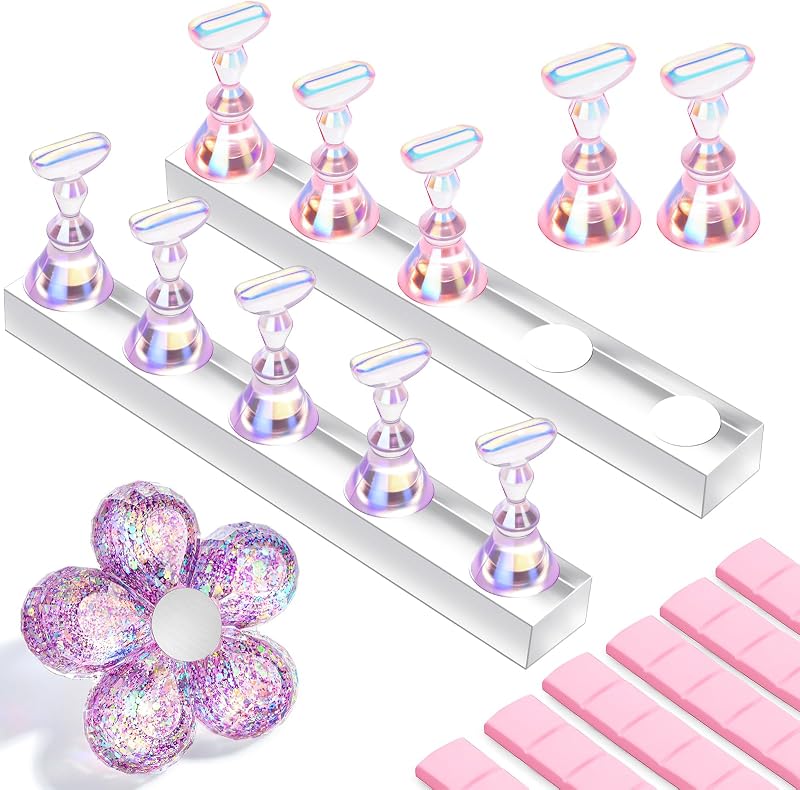 Makartt Holographic Nail Stand for Press-On Nails DIY, Magnetic Holder, 1 Flower & 2 Long Bases, Press-on Stand for Gel Curing, Beginners Practice Skills, Nail Tech & Content Creators Display Nails