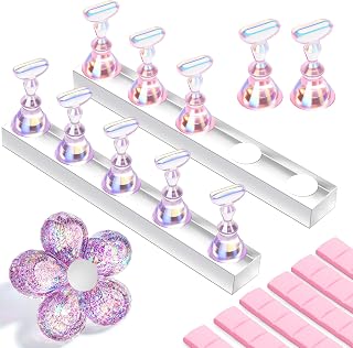 Makartt Nail Stand: Nail Holder for Painting Nails DIY, Magnetic Press on Stand Pink and Purple for Art Display Practice, Purple Glitter Flower Fake Holder for Home Salon with Reusable Adhesive Putty