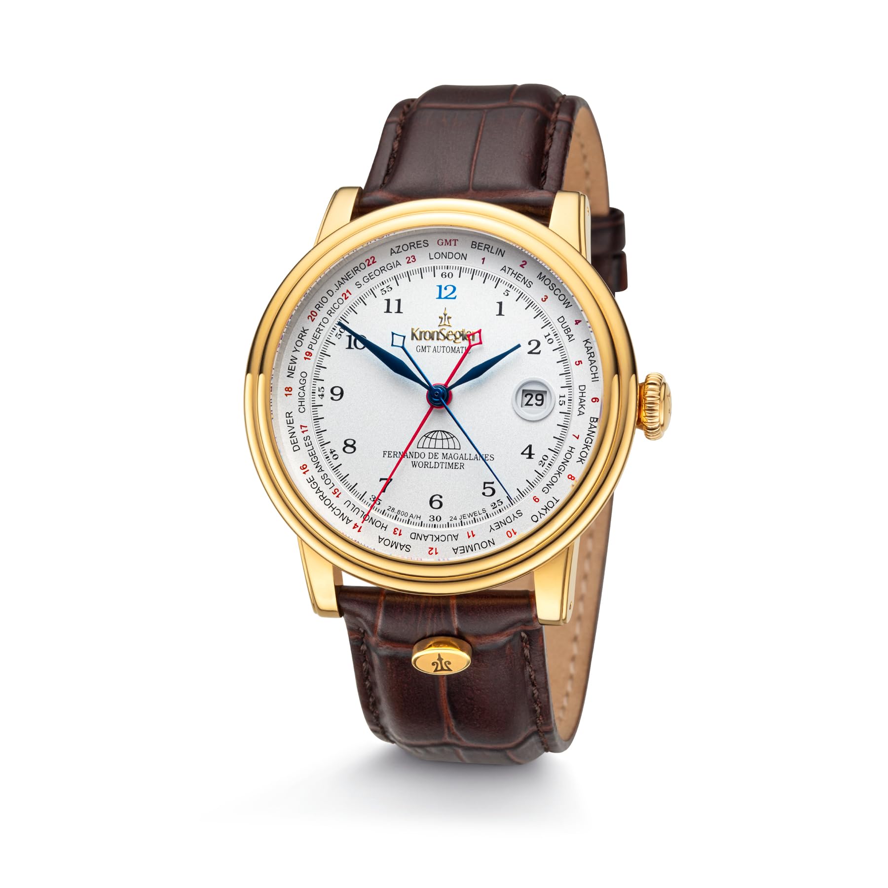 Kronsegler Fernando de Magallanes Orologio da uomo oro – bianco | Orologio automatico con Flyer GMT – secondo fuso orario | con vetro zaffiro, cinturino in pelle e fibbia deployante