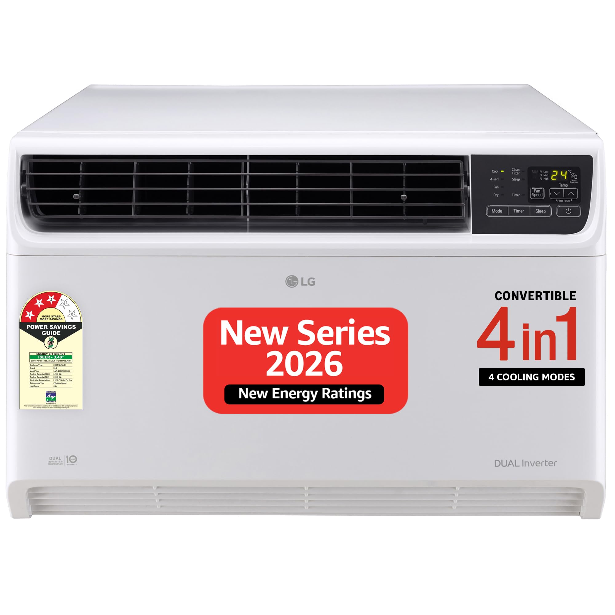 LG 1.5 Ton 3 Star, New Star Rated, DUAL Inverter Window AC (Copper, Convertible 4-in-1 cooling, 4 Way Air Direction, HD Filter, Quick and Uniform Cooling, Smart Diagnosis, AW-Q18WUXA, White)
