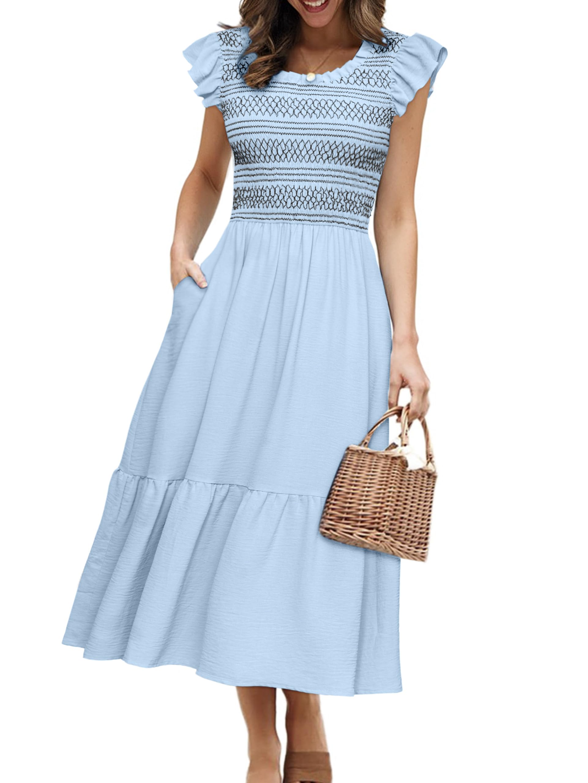 Simplee Womens Summer Midi Dress Casual Boho Smocked Waist Flutter Sleeve A Line Flowy Tiered Dress with Pockets