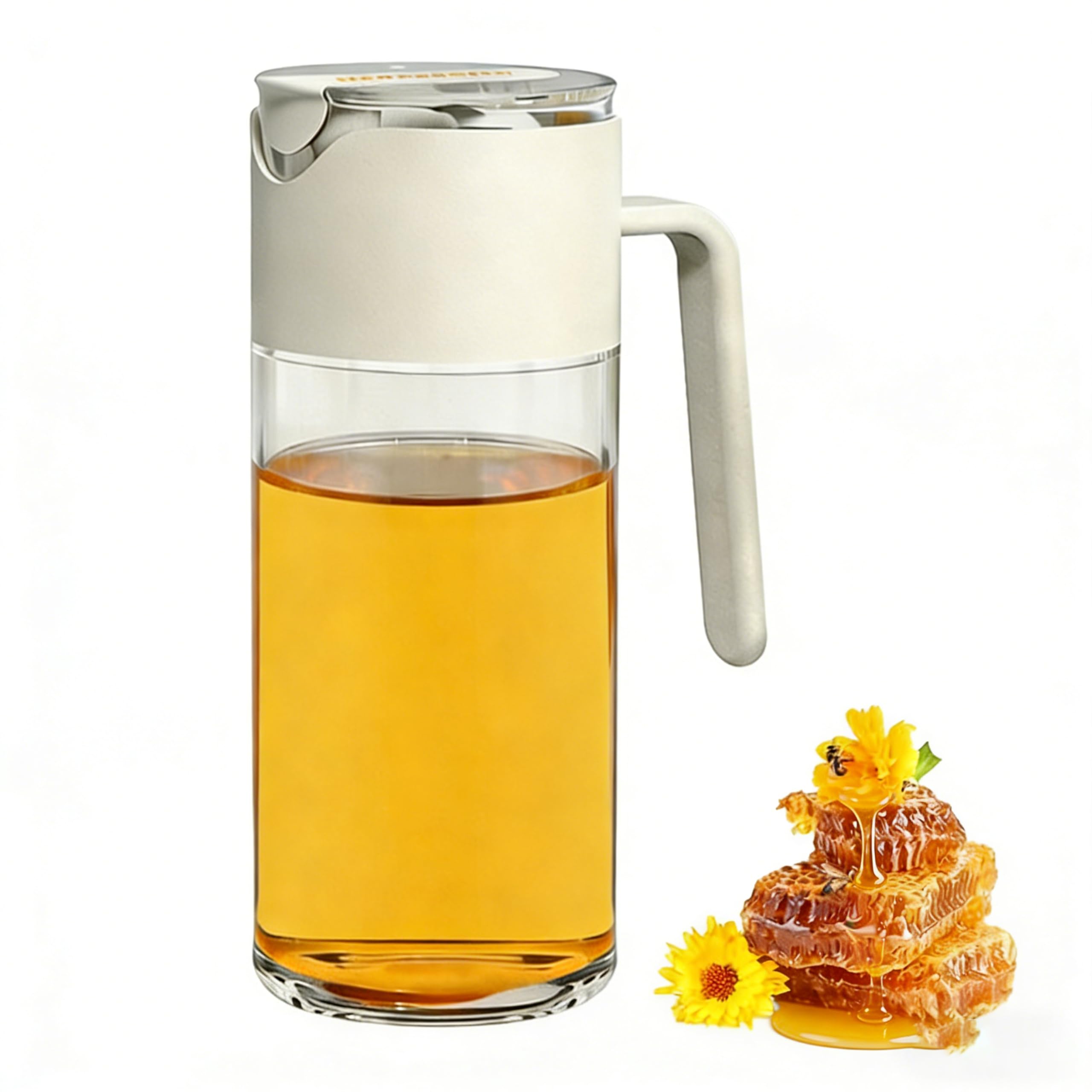 Dispenser per miele con aletta automatica, 500 ml, dispenser per sciroppo, in vetro antigoccia, per miele e salsa per miele (bianco)