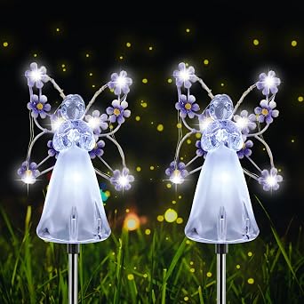 Solar Garden Lights, Fairy Angel Solar Powered Fairy Waterproof Light, 2pcs LED Outdoor Decorative Light, Pathway Lights for Cemetery Grave Memorial Garden Yard Lawn Sympathy Gifts Purple - 2PCS