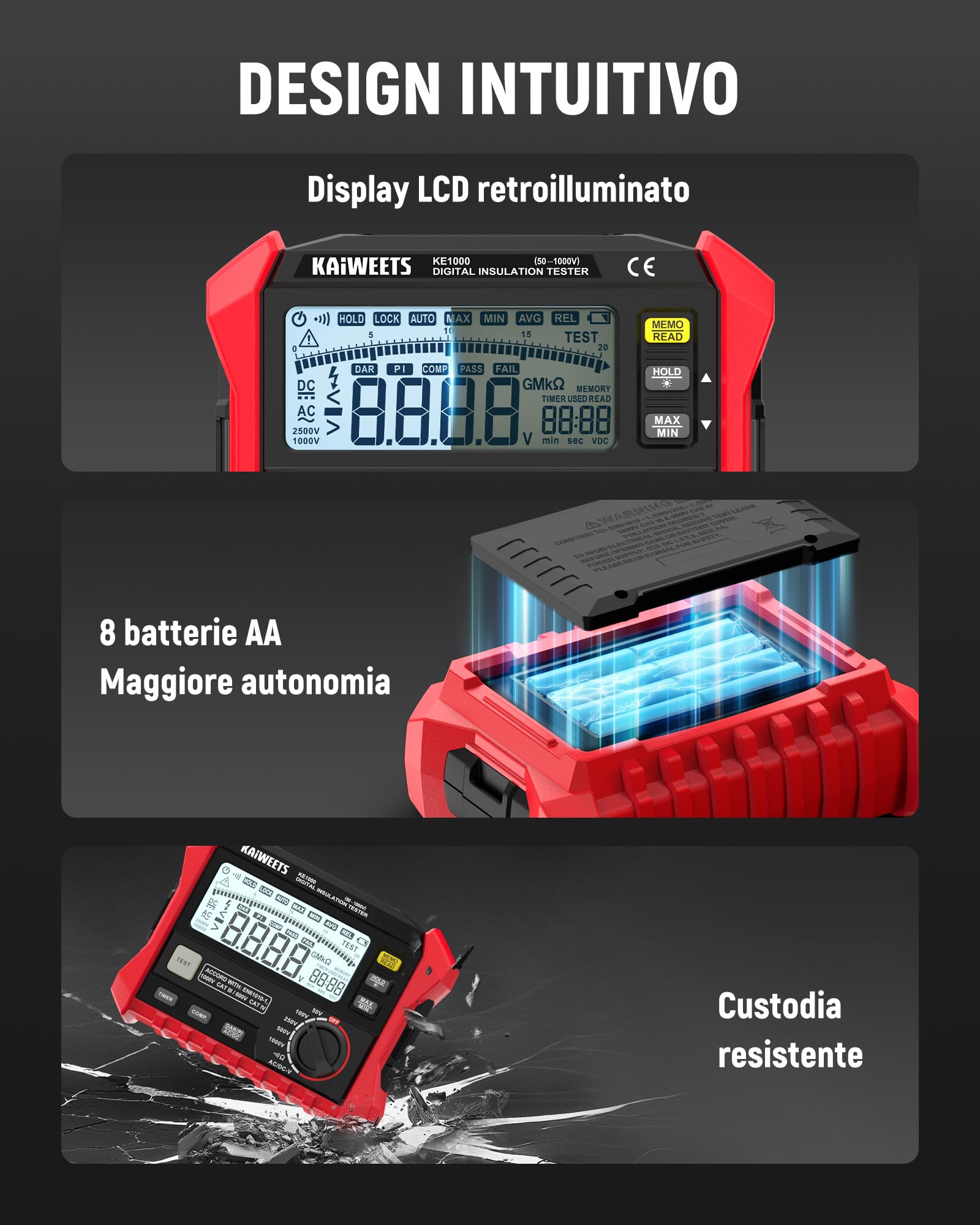 KAIWEETS Misuratore di isolamento, misuratore di resistenza di isolamento, fino a 100 GΩ, 50 V/100 V/250 V/500 V/1000 V, One Touch-DAR/PI, con prova di tensione AC/DC per motori, solare, HVAC