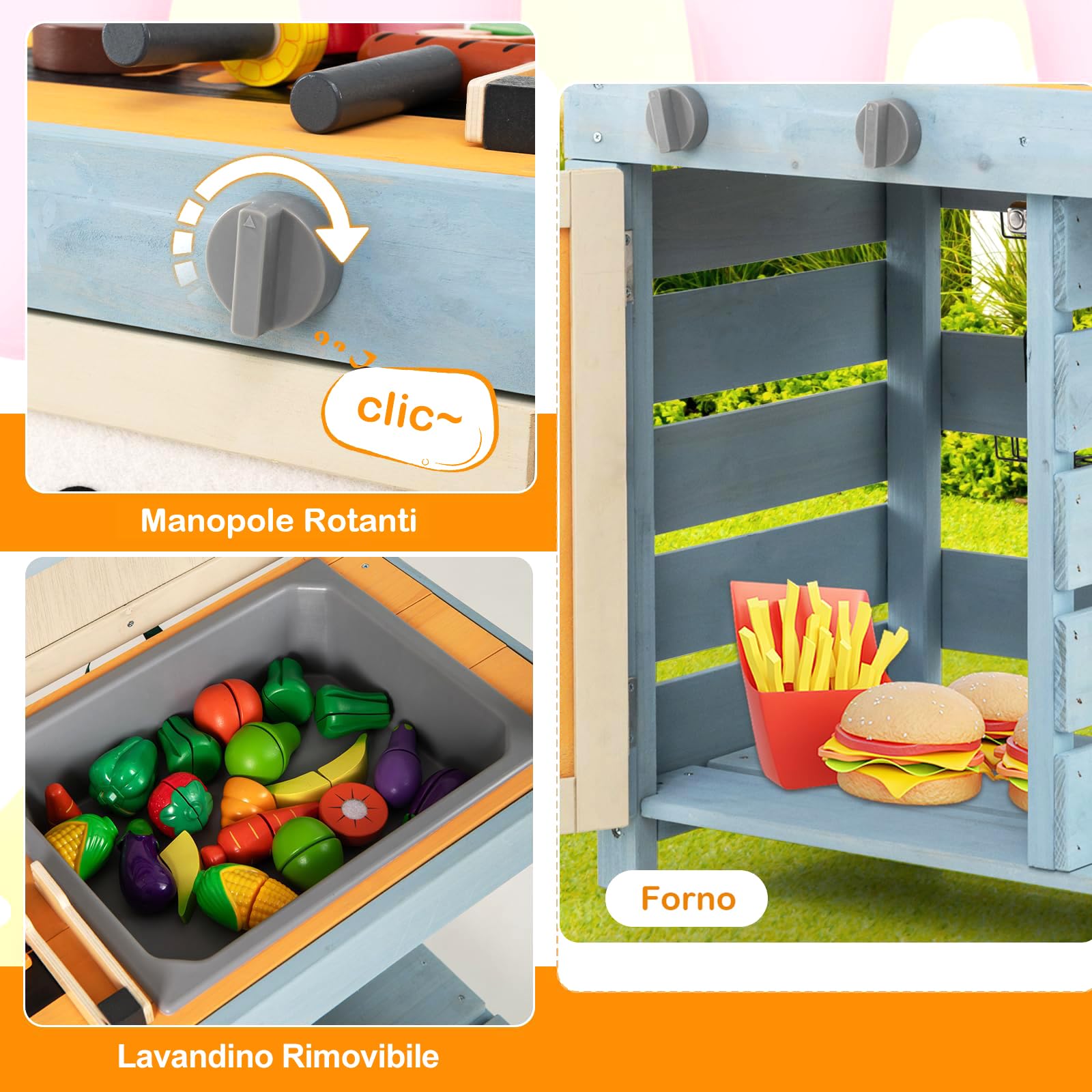 RELAX4LIFE 3 in 1 Cucina Giocattolo per Bambini in Legno, Set di Grill per Barbecue con Griglia, Forno e Lavagna, Gioco Negozio con 12 Accessori, 75 x 34 x 111 cm