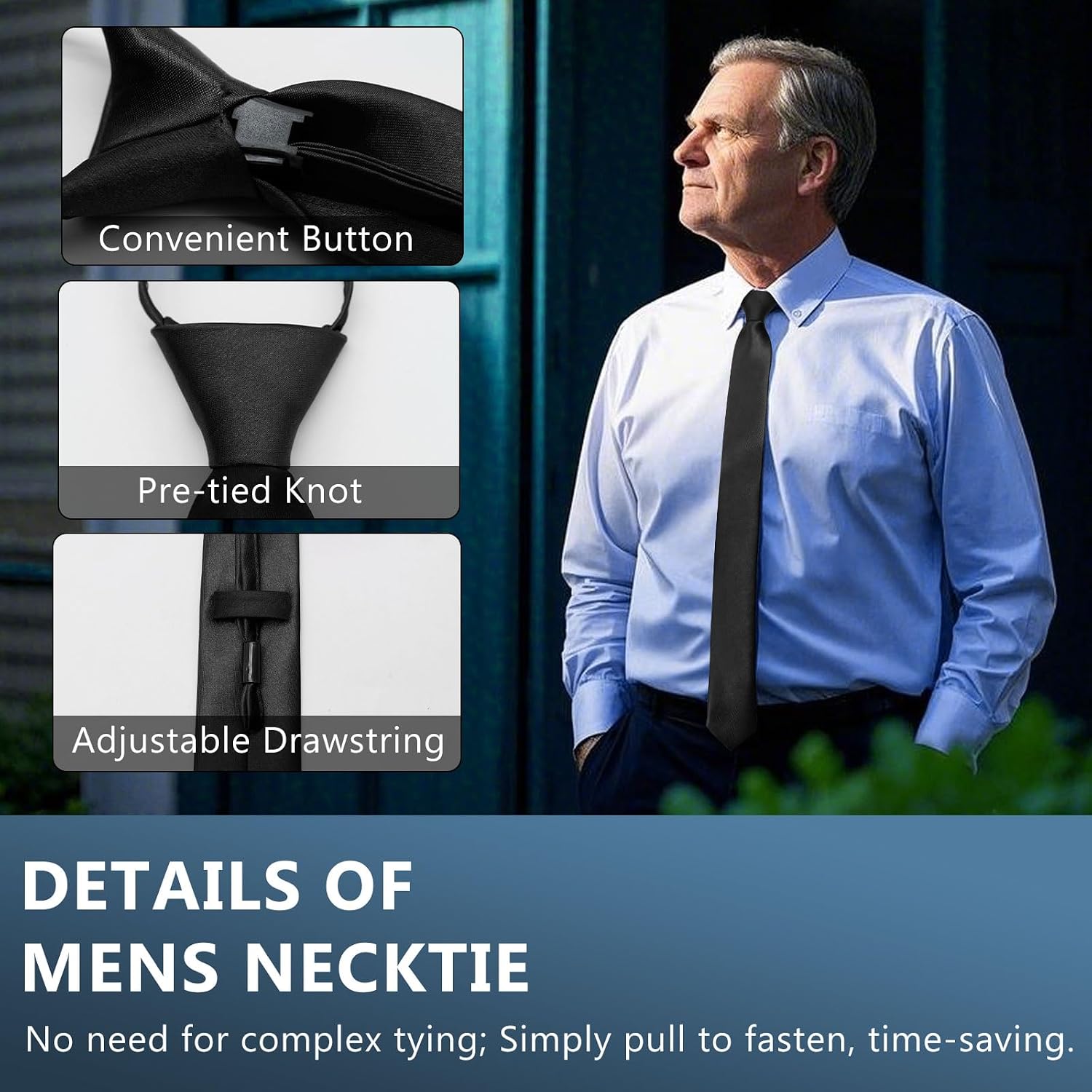 Skinny Ties for Men Pre-tied Adjustable Men's Ties, Solid Color Men's Neckties for Business Wedding Casual Graduation