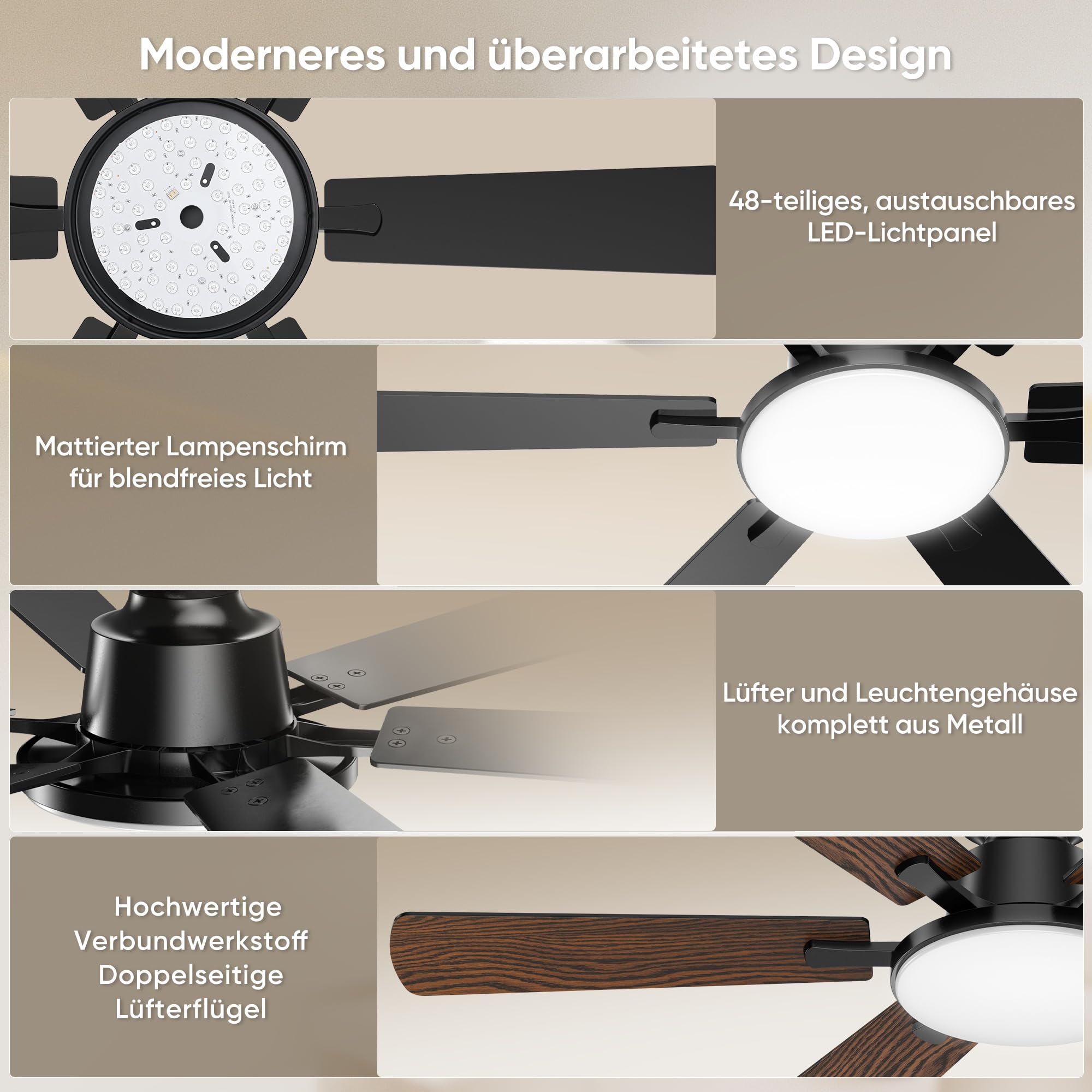 ROTTOGOON Deckenventilator mit Beleuchtung 132cm Leise Reversible DC Motor | Deckenventilator mit licht und fernbedienung, 6 Flügel 6 Gänge, 3CCT, Doppelseitige Flügel für Schlafzimmer Wohnzimmer