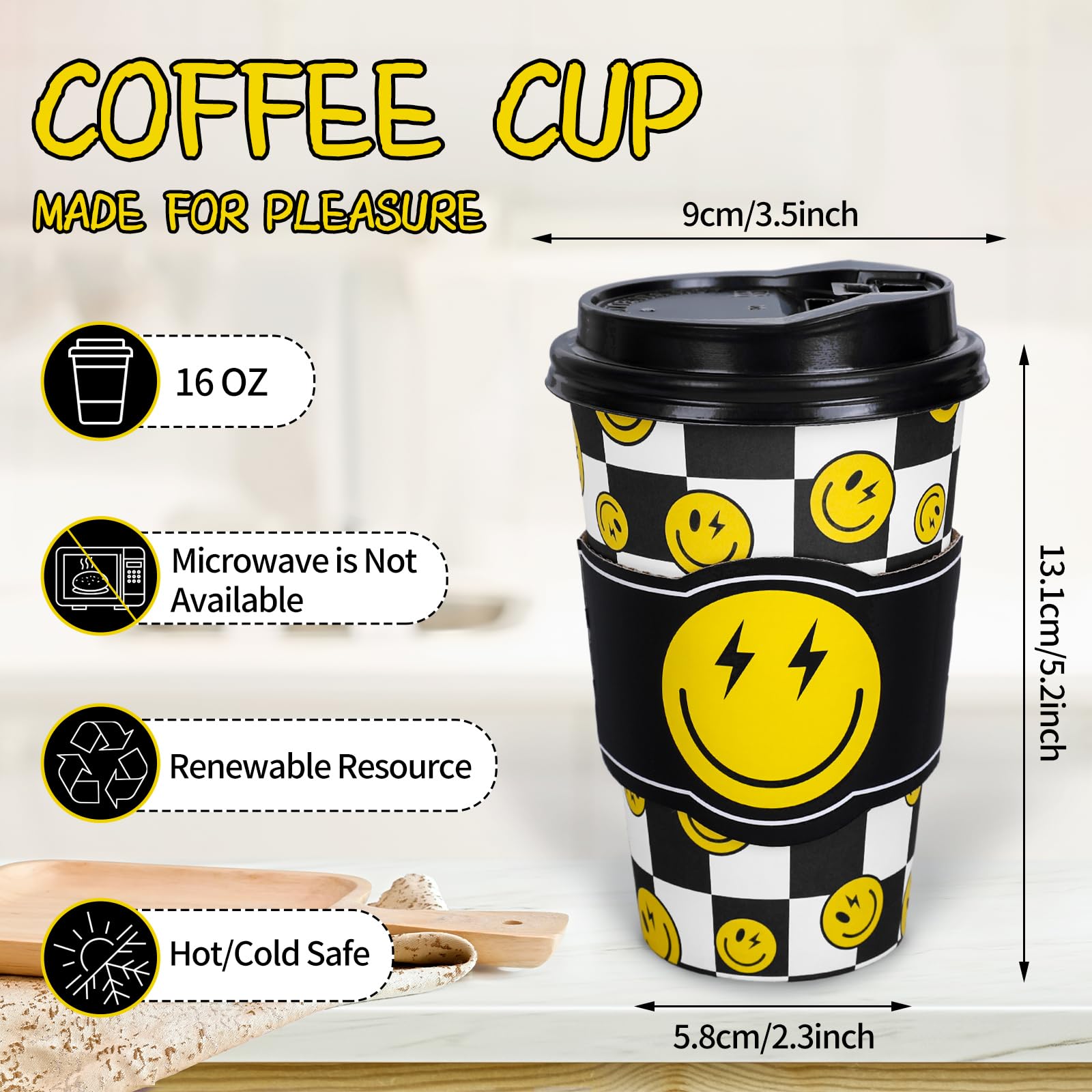 Whaline 50 bicchieri di carta usa e getta con coperchio e maniche, 473,6 ml, motivo a scacchi bianchi e neri, tazze da caffè per un amico felice, compleanno, baby shower