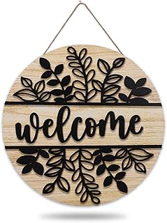 3D Black Leaf Welcome Door Sign Wooden Hanging Sign Rustic Front Door Ha...