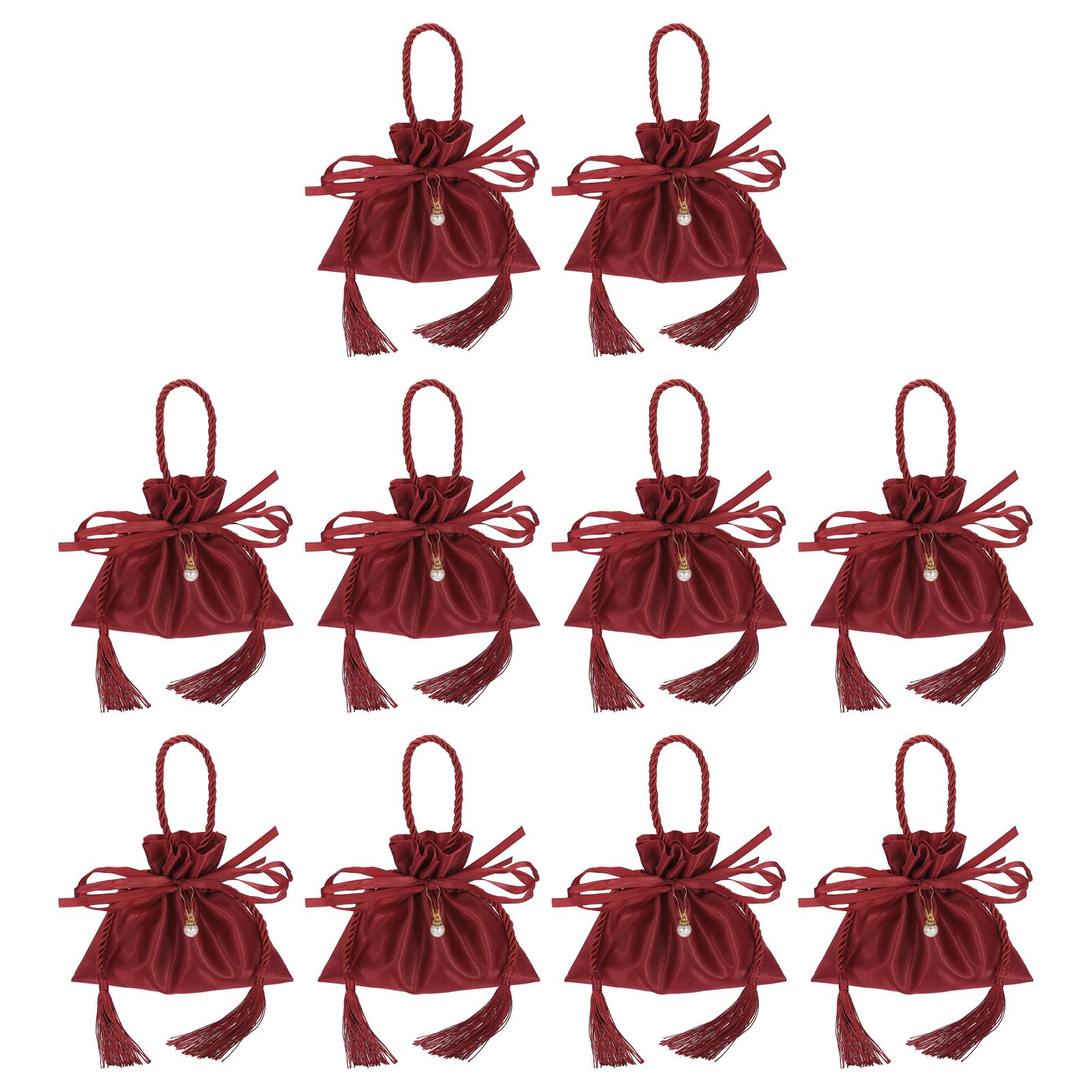 PATIKIL Satin Gift Drawstring Bags 5.9 x 5.5 Inch, 10Pcs Jewelry Pouches Wedding Candy Bags with Pearl and Tassels for Christmas Jewelry Party Favor, Wine Red