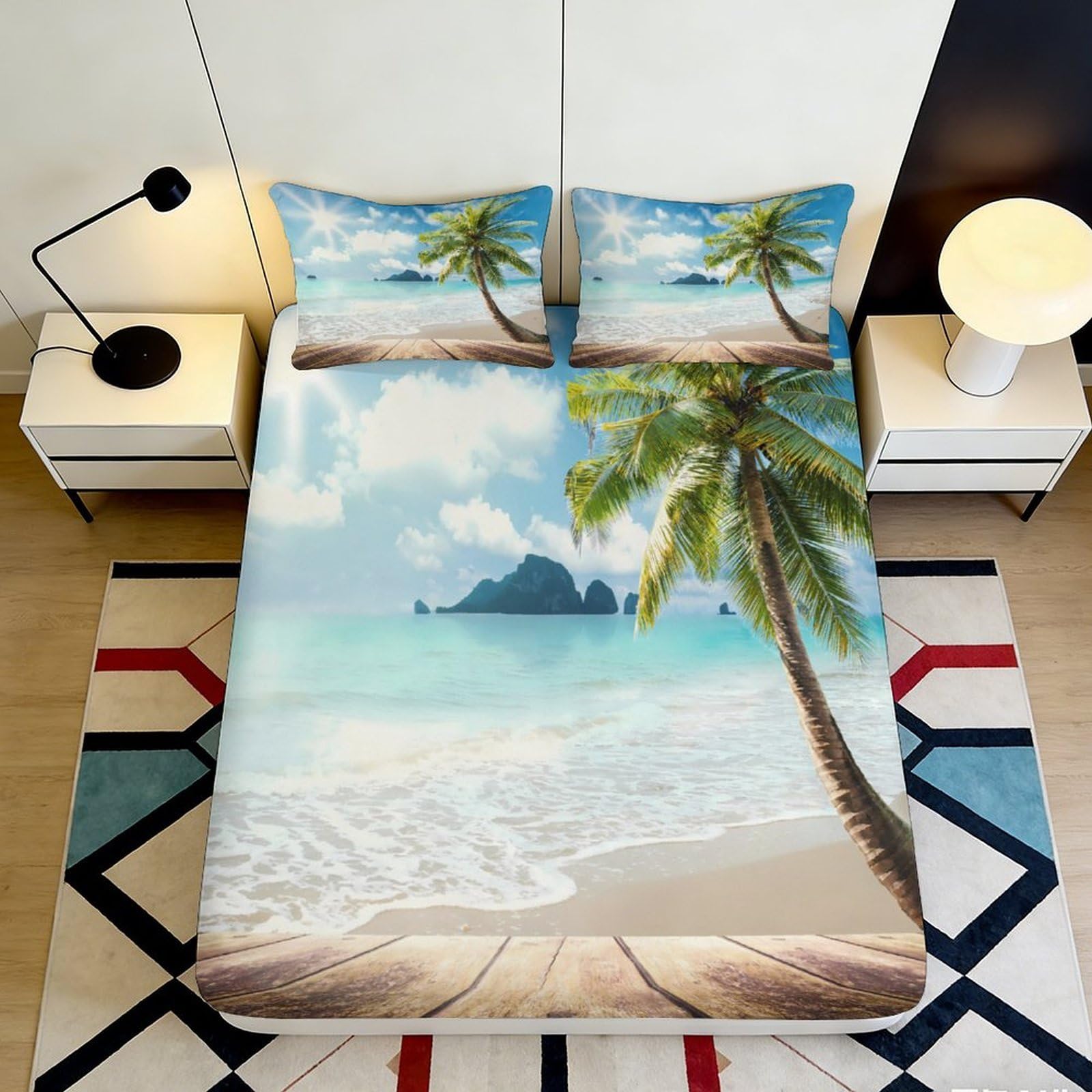 3D Printed Tropical Beach Fitted Sheet Microfiber Blue Ocean Palm Island Mattress Cover Non-slip Easy Care for Bedroom Guest Room 90x200x25cm