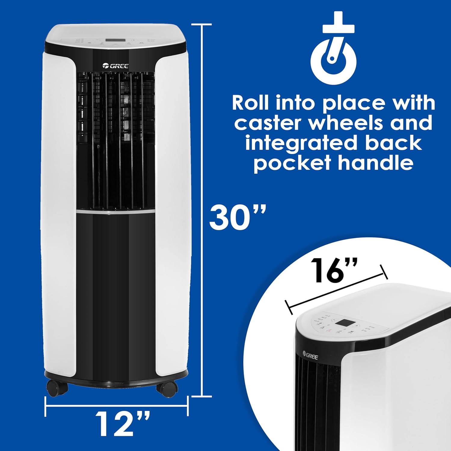 Gree portable air conditioner with dimensions: 12 inches wide, 16 inches deep, and 30 inches high, featuring caster wheels and a back pocket handle.