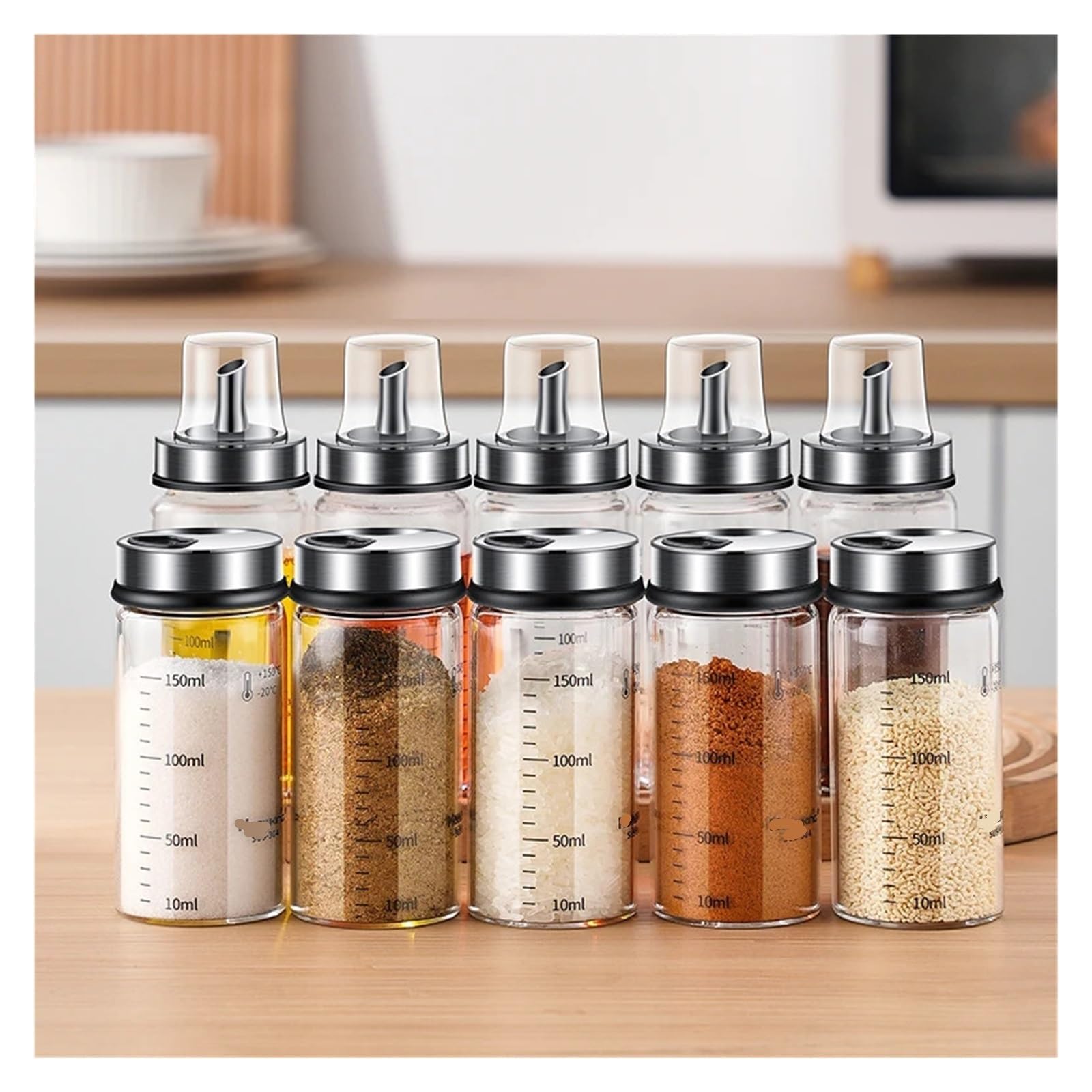 Drehbare Gewurzflaschen, Gewurzglaser aus Glas und Olflaschen | Drehbarer Sockel, temperaturwechselbestandig, fur Olivenol, Salz, Pfeffer und Gewurze(Apricot 5spice)