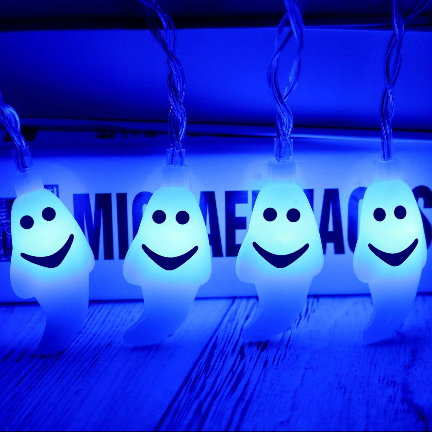 AYOGU1 8 Modes Halloween Ghost String Lights Decorations,30 LED 19.7Ft Ghost Battery Operated for Outdoor Decor,8 Modes Steady/Flickering Lights (Blue)