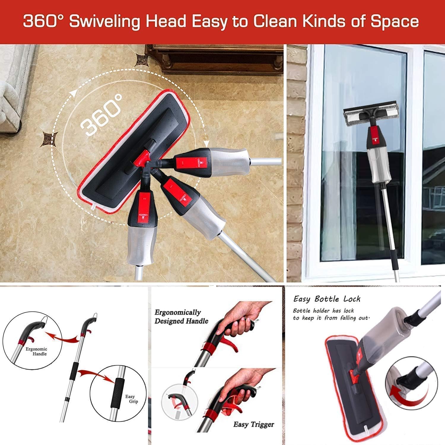 Floor Spray Mop Kit with 4 in-1 Function, Mop Set for Vinyl, Hardwood, Laminate, Marble, Tile Floors – 7 Accessories: 2 Microfiber Pads, 2 Window Cleaner Pads, 1 Glass Wiper, 1 Chenille Pad 1 Scraper