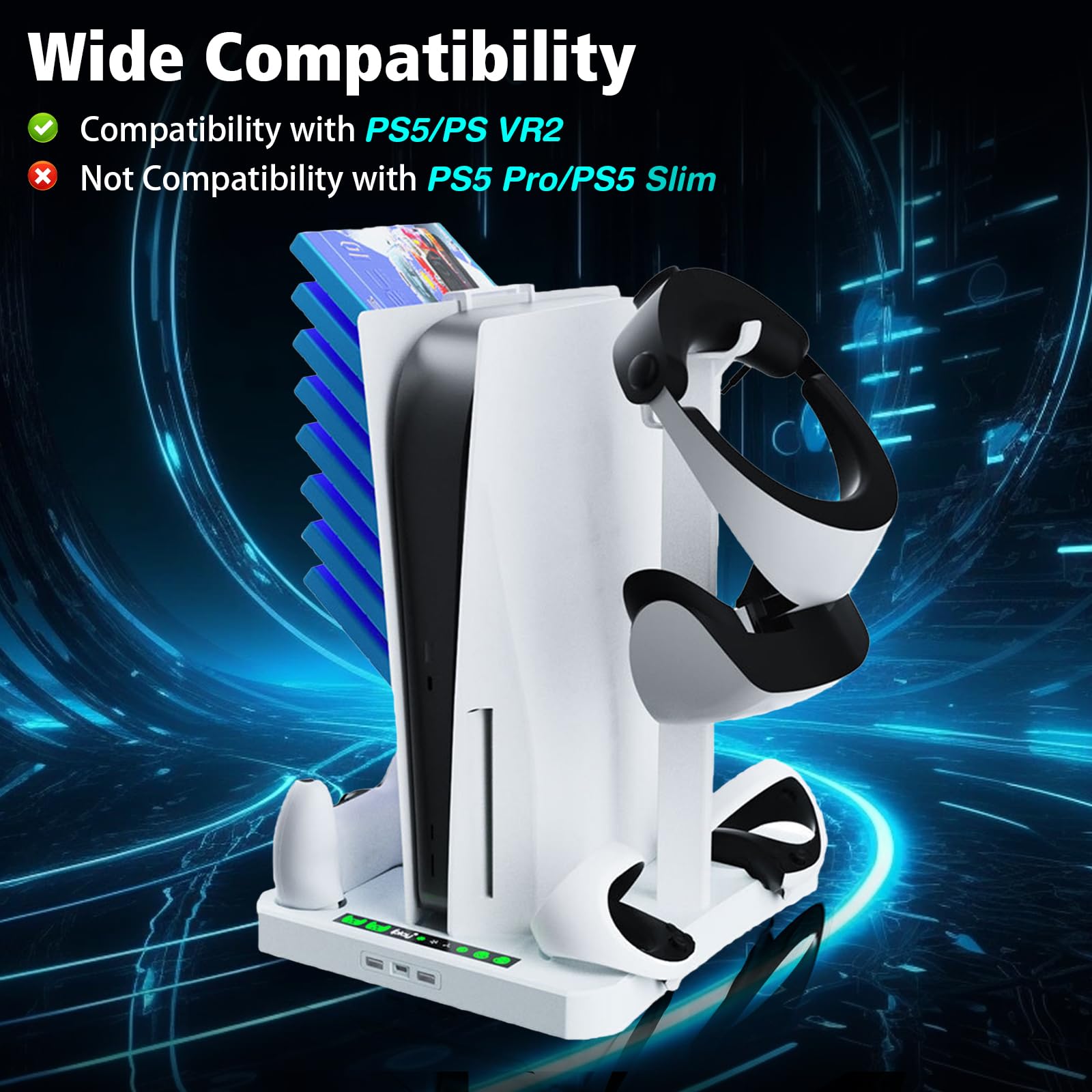PS5 & PS VR2 Ständer und Kühlstation Mit Controller Ladestation, 3 in 1 Ständer Mit 2 Kühlventilator für PS5 und VR2, Headset Halterung, Zubehör