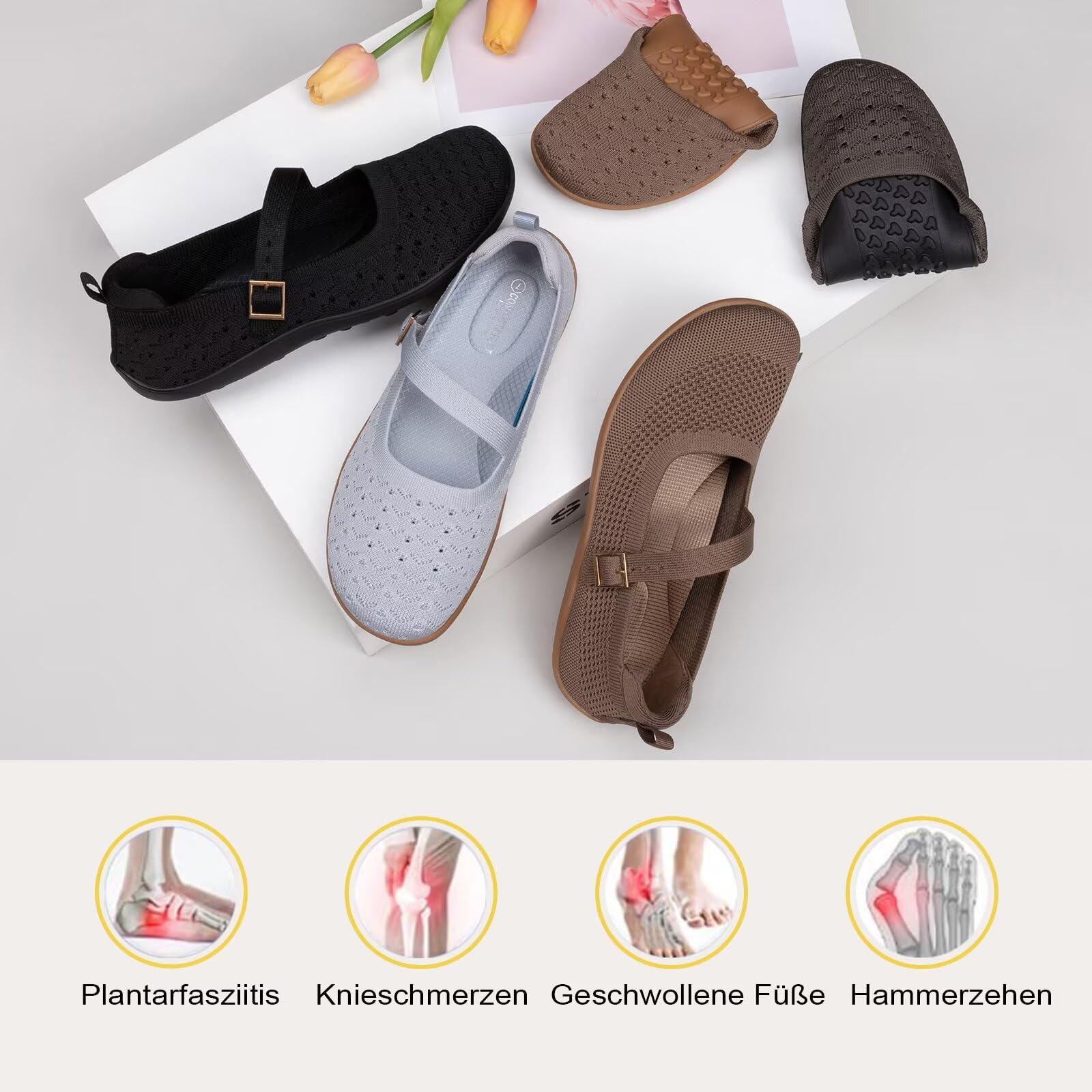 Frank Mully Damen-Ballerinas Übergröße Mary-Jane Strickschuhe breite Zehenbox verstellbare Riemen