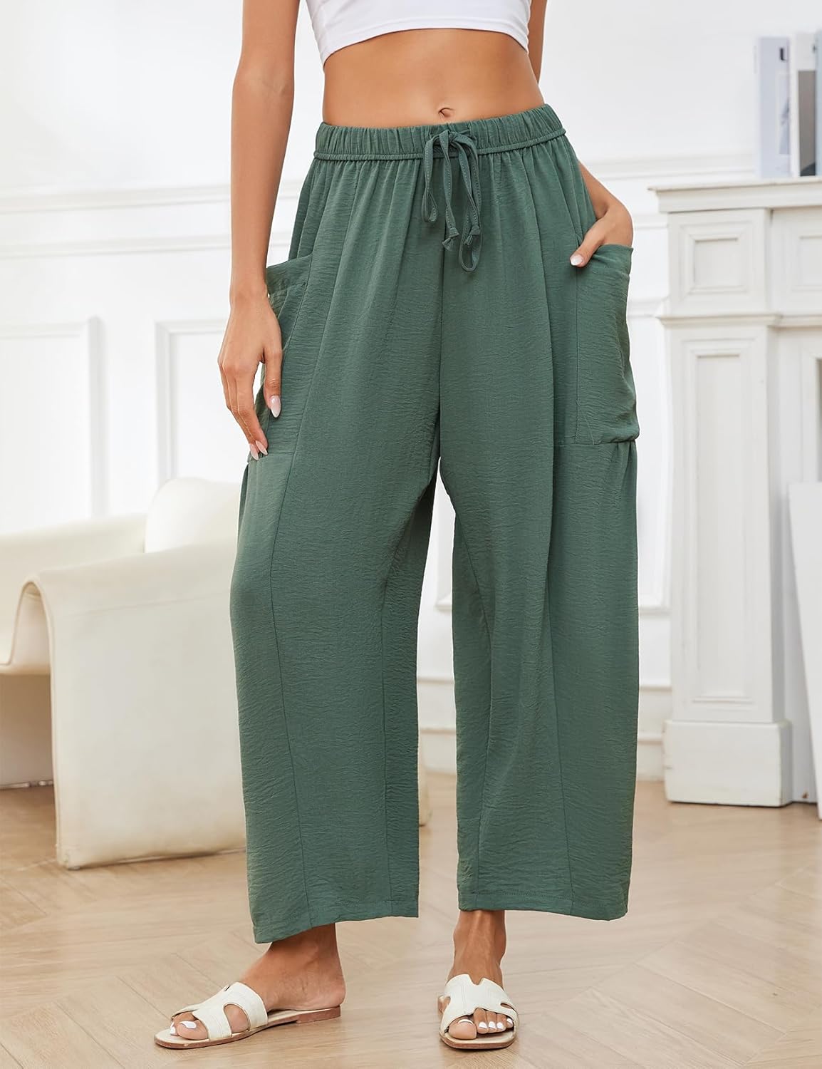 Flygo Women's Wide Leg Pants Summer Casual Loose Fit Beach Palazzo Harem Pants with Pockets - Image 2