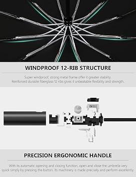 XIXVON Umbrella Pro | UPF 50+ 99% UV Protection, Reflective Safety Strip, Sturdy Windproof, Travel Portable, Automatic | Reverse Folding Umbrella