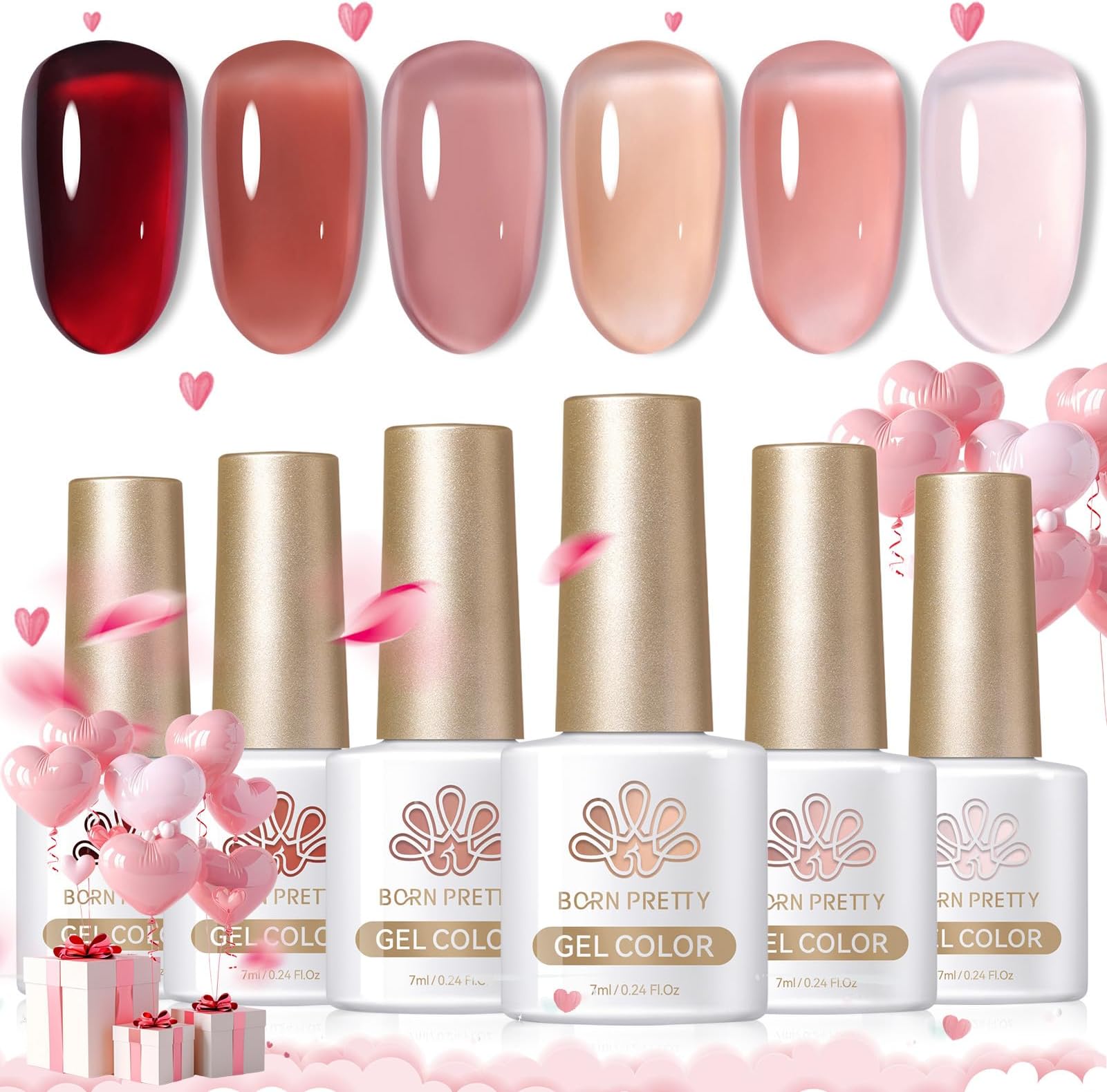 Born Pretty Jelly Gel Nail Polish Set Burgundy Wine Red Gel Polish Crystal Transparent Gel Polish Kit Nail Art Varnish Manicure Collection Christmas Valentine's Day Gift Set 7ML 6PCS