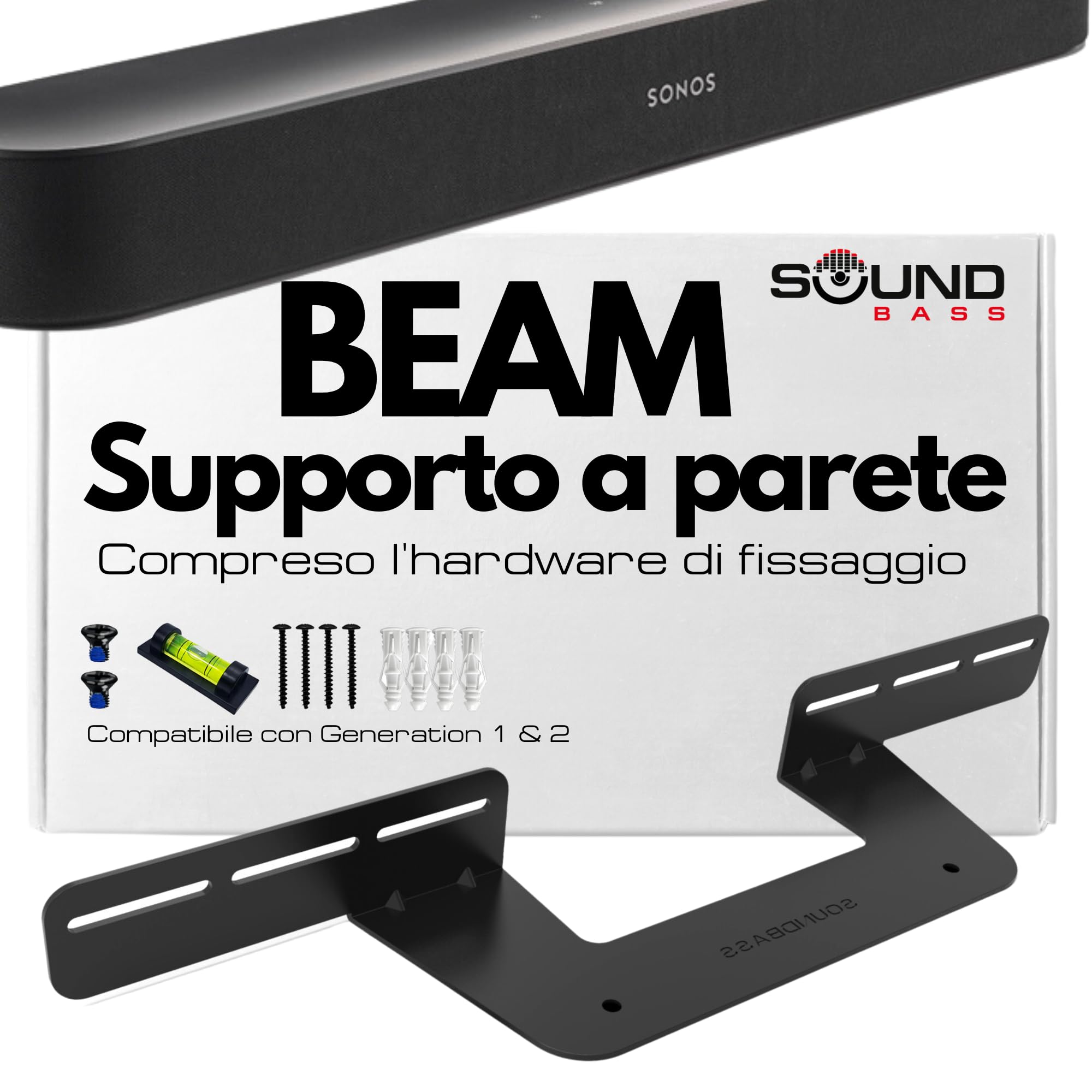 Supporto Soundbar Soundbass per Sonos Beam, Compatibile con Sonos Beam Sound Bar di Prima e Seconda Generazione, Include Tutto l'Hardware di Montaggio Necessario, Staffa di Montaggio, Nero