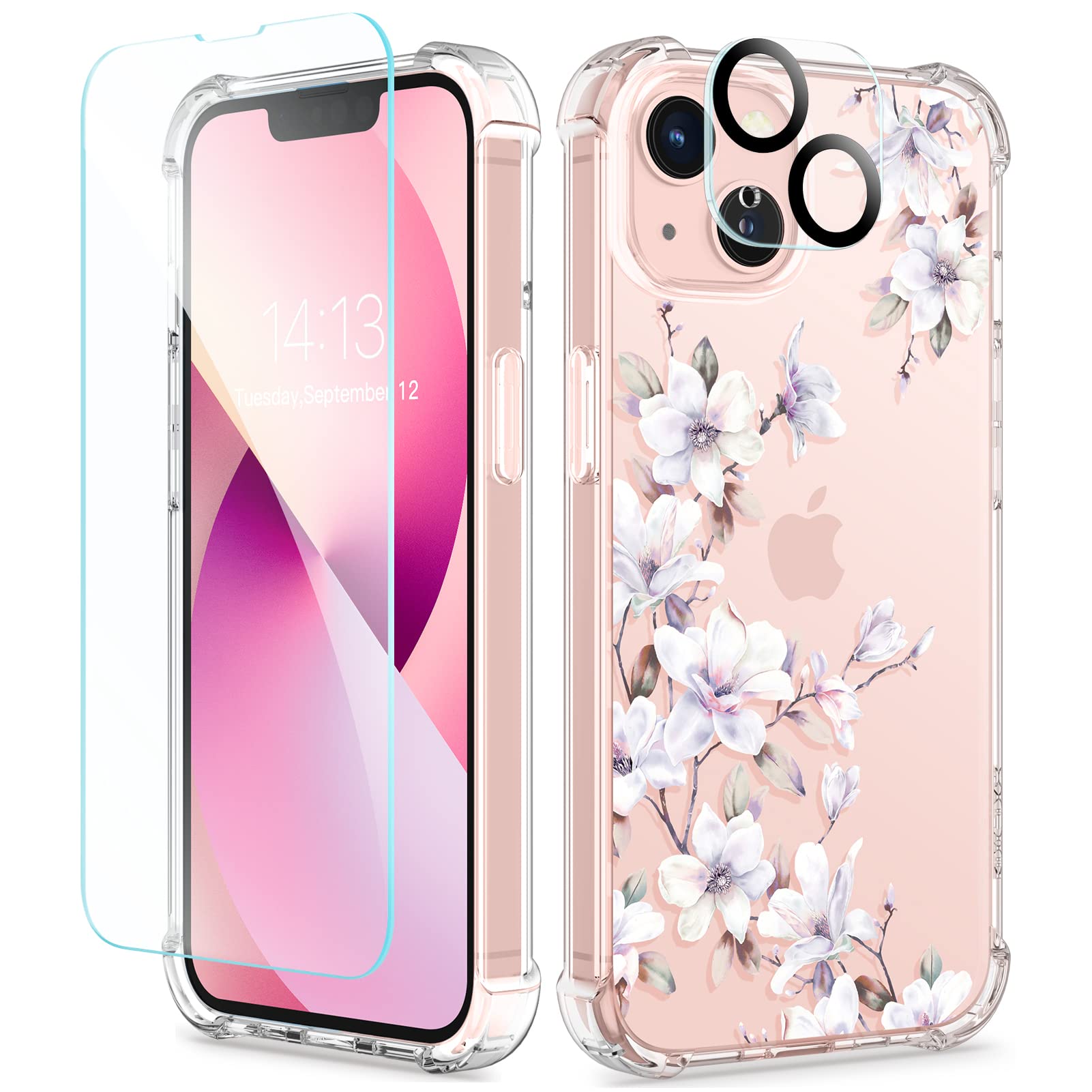 GVIEWIN Compatible with iPhone 13 Case 6.1 Inch 2021, with Tempered Glass Screen Protector + Camera Lens Protector, Flower Clear TPU Slim Bumper Shockproof Protective Soft Cover, Lilly
