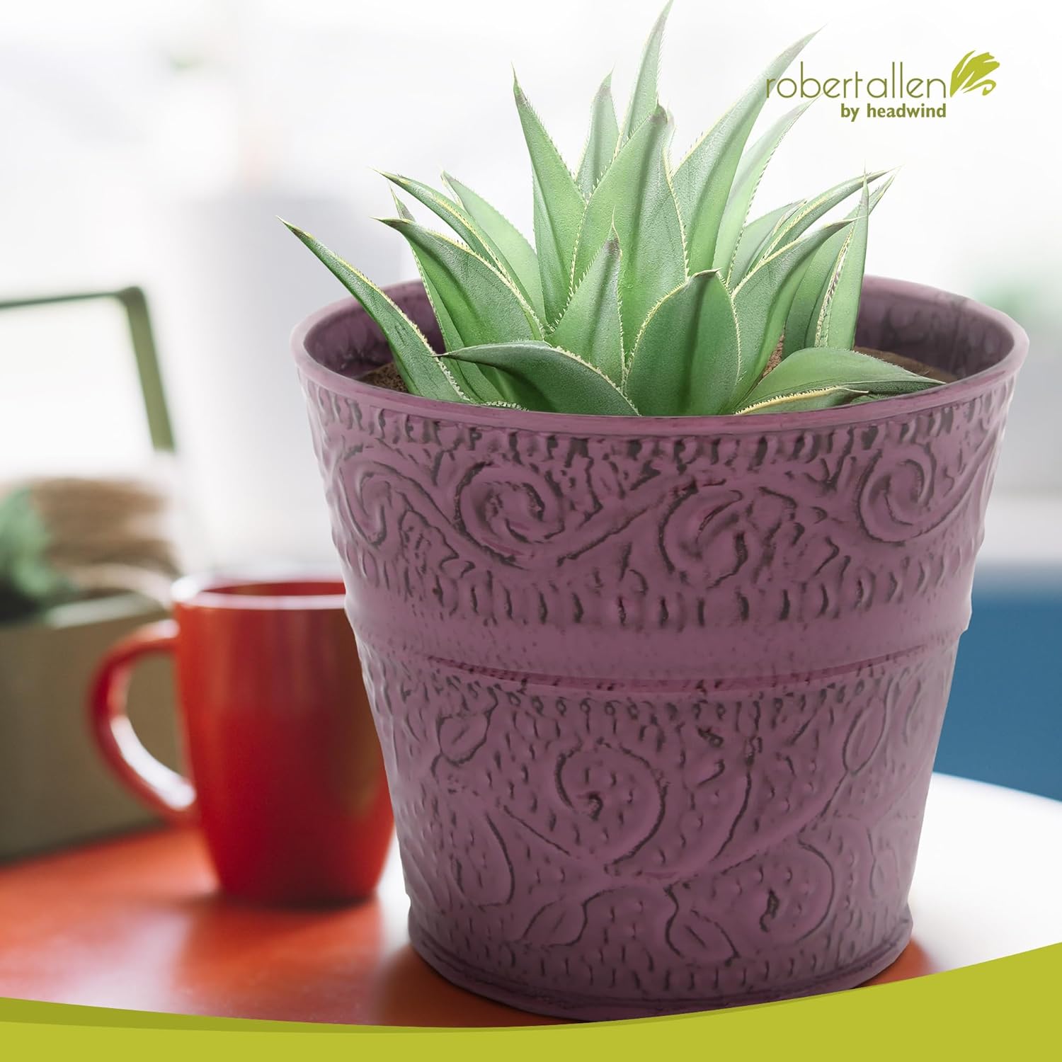 Headwind IronLite Ensley – 8" Plum Decorative Metal Planter with High‑Gloss Embossed Design – Indoor Plant Pot with Drainage Hole & Modern Round Style for Home & Outdoor Use by Robert Allen