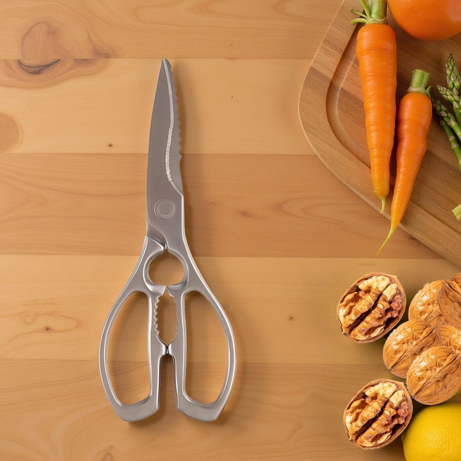 Küchenschere Multi Purpose, robuste Metallschere für Küche und Haushalt, aus Edelstahl, für Fleisch und Gemüse, mit Flaschenöffner, gezahnter Klinge und Maßangaben
