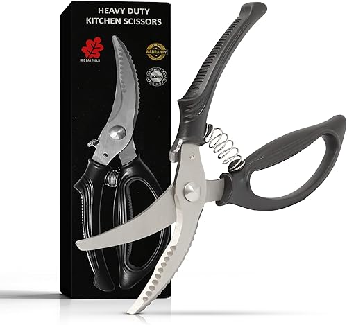 Tijeras para aves de corral Red Oak, tijeras de cocina resistentes con mango antideslizante y bloqueo de seguridad, tijeras para aves de corral para