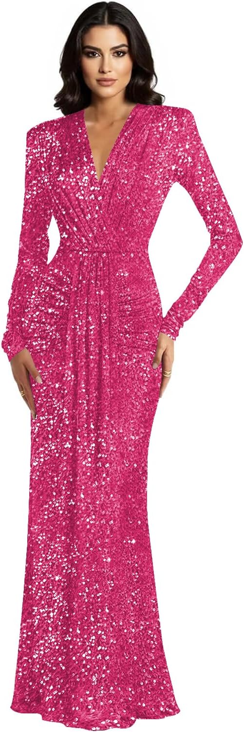 Jicht Sparkly Sequin Dresses Long V-Neck for Women Velvet Mermaid Formal Gown Wedding Guest JAC23
