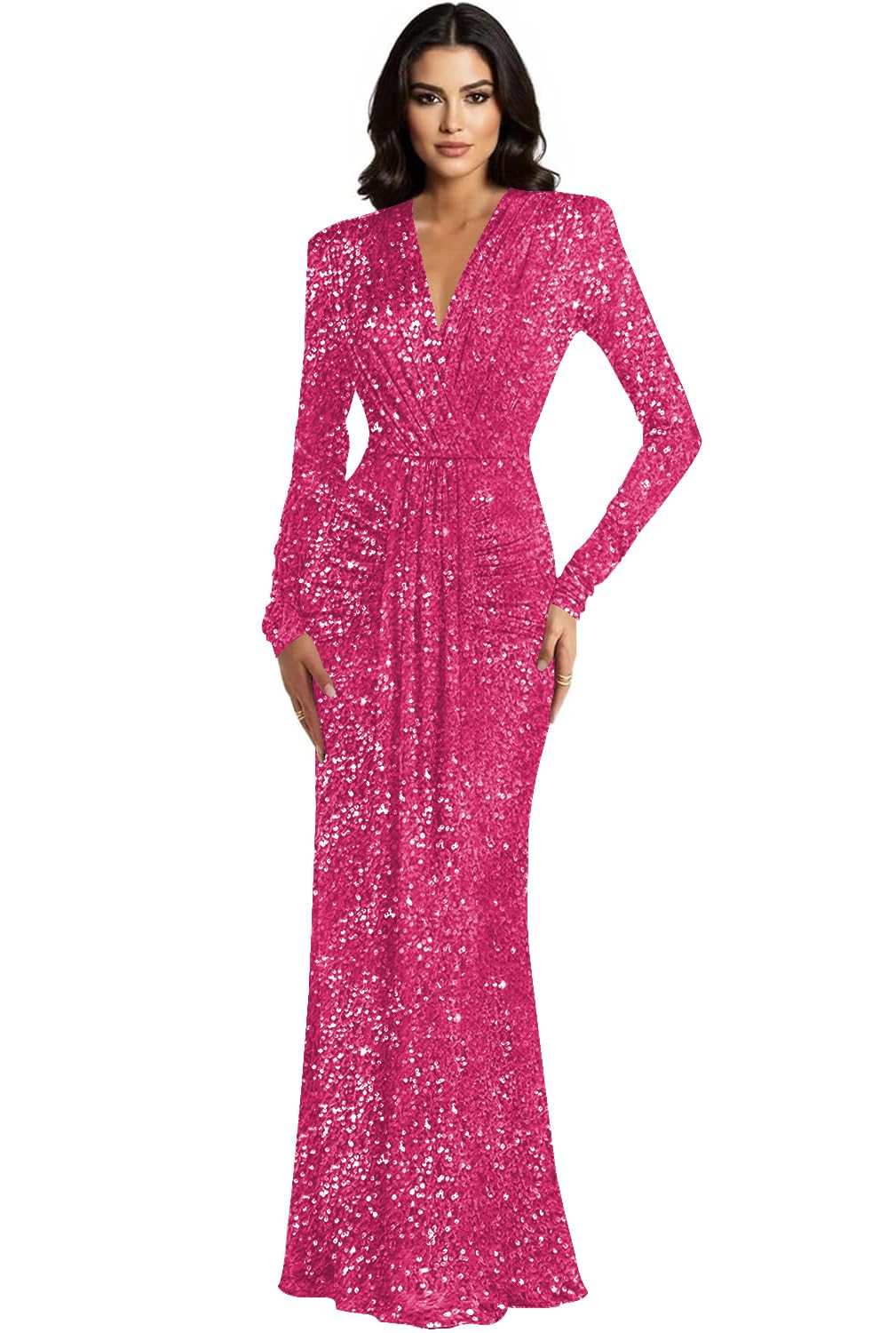 Jicht Sparkly Sequin Dresses Long V-Neck for Women Velvet Mermaid Formal Gown Wedding Guest JAC23