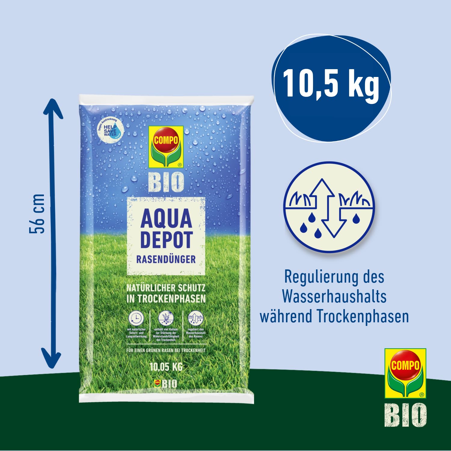 COMPO BIO AQUA DEPOT Rasendünger Sommer, 10,05 kg für 200 m² | Organischer Rasendünger mit extra Kalium für Trockenphasen und Hitze, Bio‑Rasenpflege, Bio Dünger Rasen Sommer