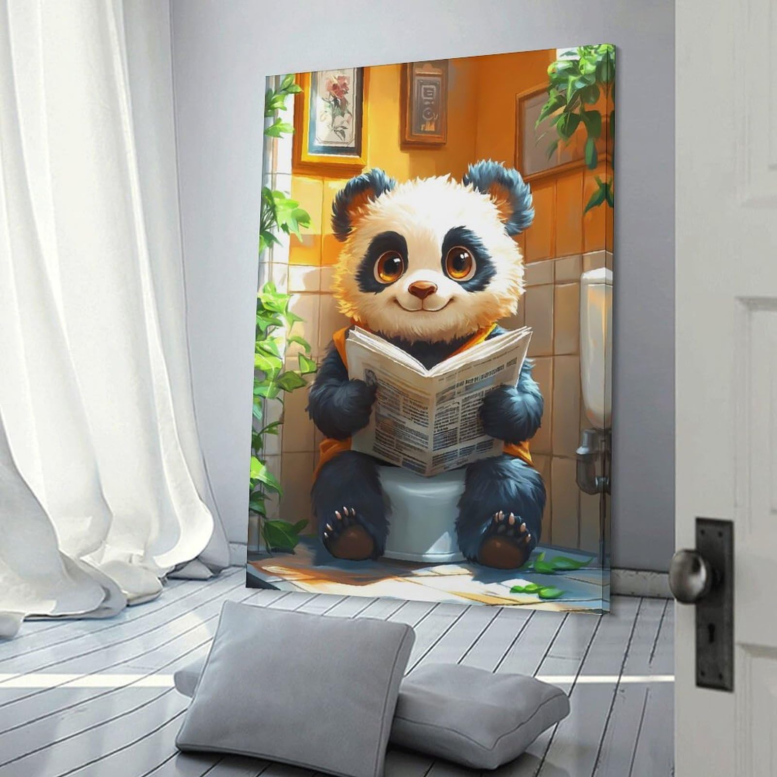 Junmoney Frame-Style-12-1 Panda Reading Newspaper On Toilet Poster, Picture, Metal Print, Paint By Melvina Poole Decorative Wall Artwork, 12X18inch(30X45cm), For Hallway, Lounge Or Guest Room, Decorative Present For New Homes