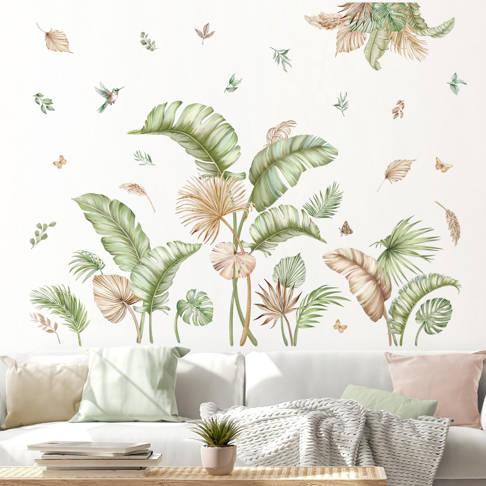 decalmile Pegatinas de Pared Boho Palmera Hojas Vinilos Decorativos Hojas Verde Plantas Tropicales Adhesivos Pared Habitación Dormitorio Salón