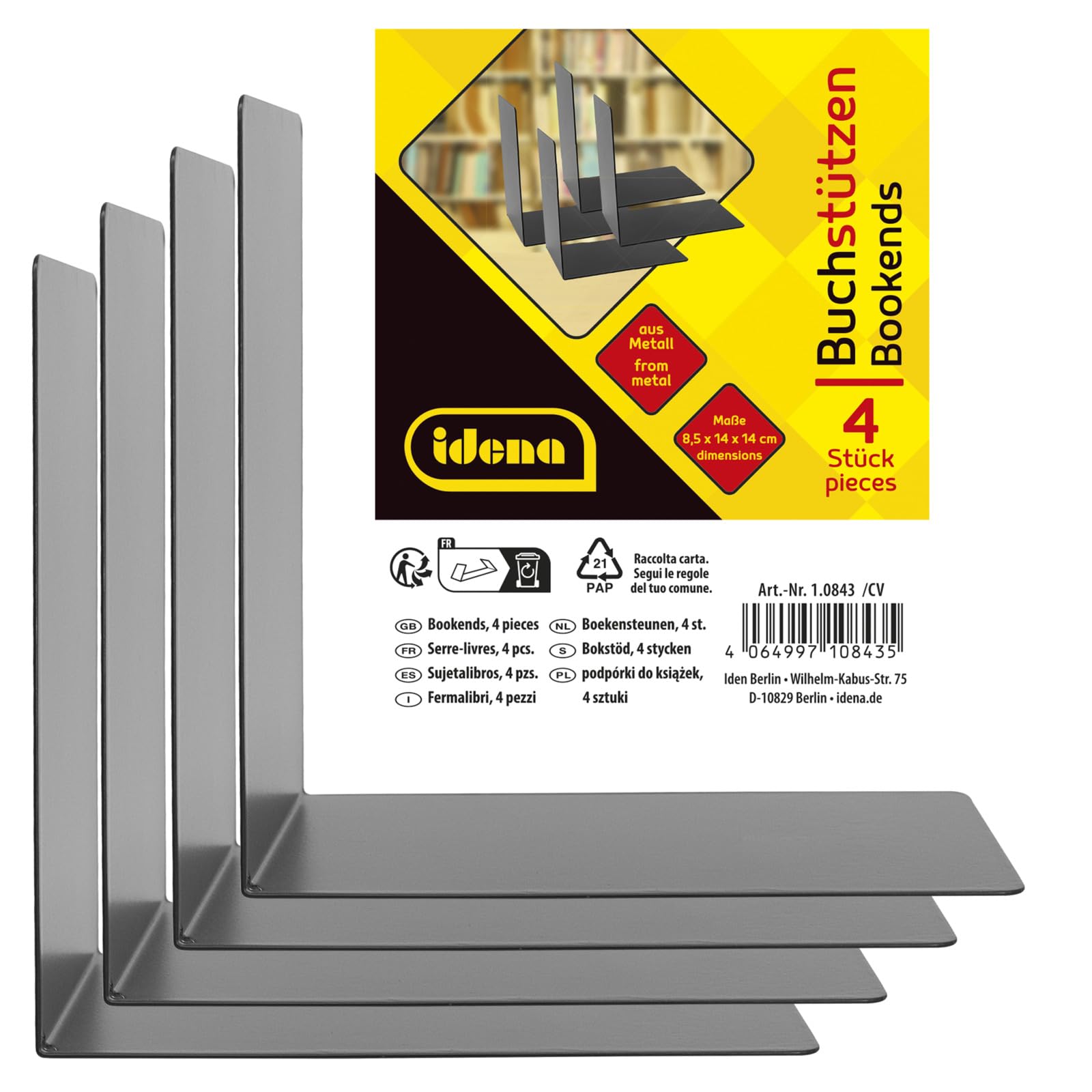 Idena Fermalibri in Metallo Nero 14x14x8,5 cm Porta Libri per Librerie