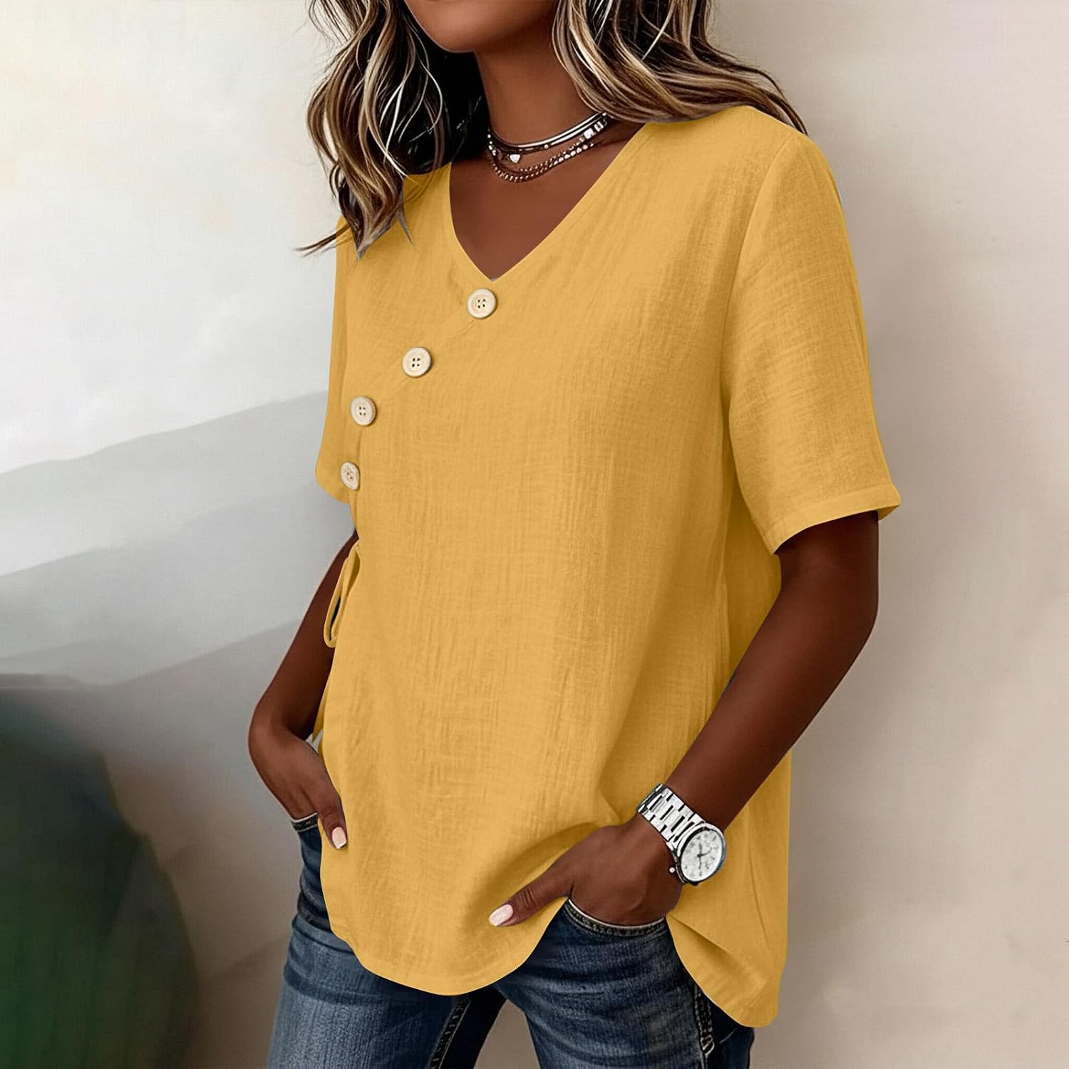 Womens Blouses Cotton Linen Tops Side Tie Gauze V Neck | Cotton Linen Tops for Women Side Tie Gauze V Neck Sleeveless Shirts Casual Summer Vacation Loose Fit Blouses