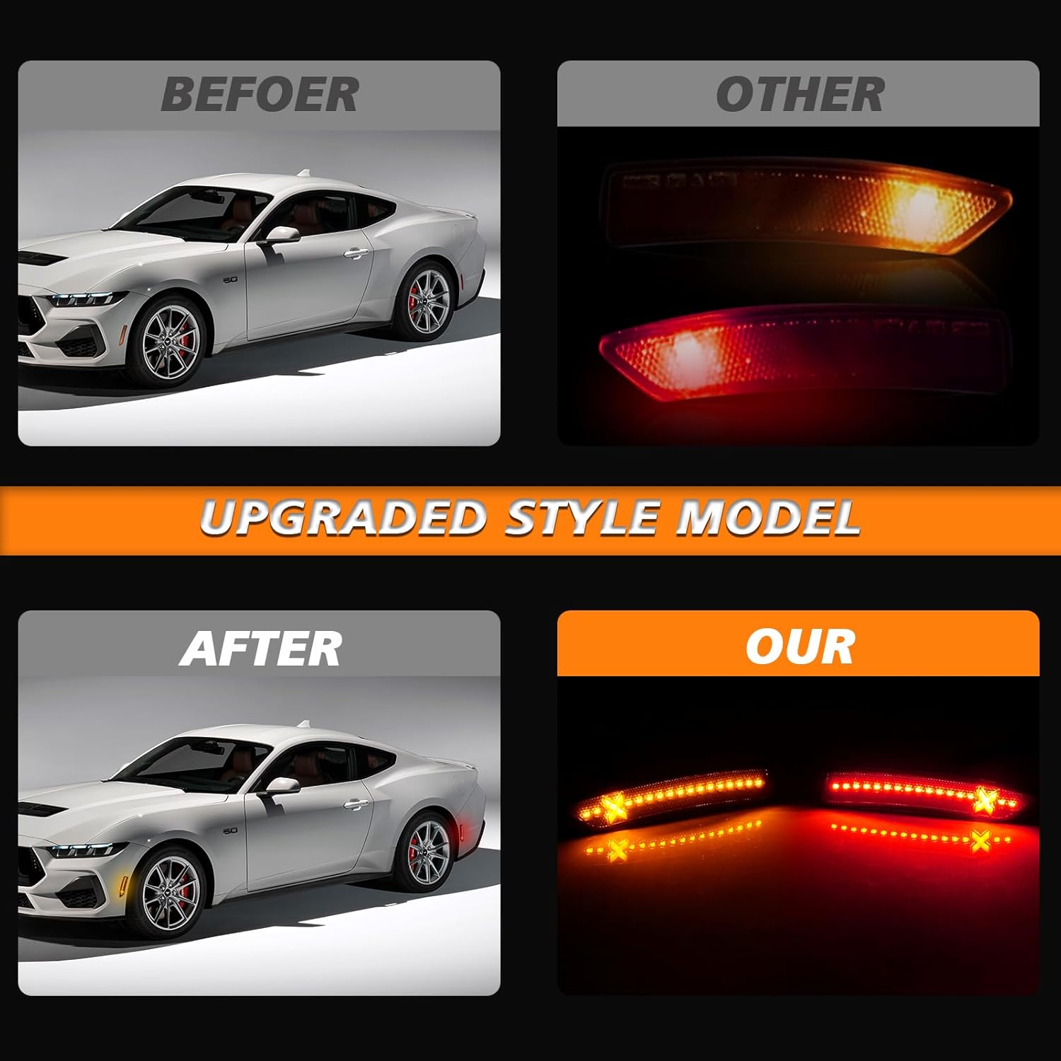 Bestview Xstyle Amber Red LED Side Marker Lights [Patent Pending] for 2024-Up Ford Mustang Gen7/S650, Smoke Lens Front&Rear Bumper Reflector Turn Signal Lamp Assembly Kit accessories,Pack of 4
