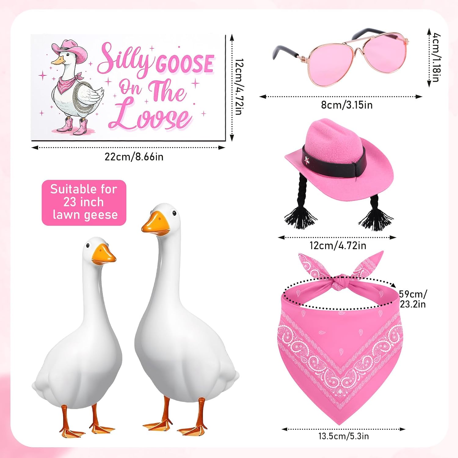 Cowgirl Porch Goose Outfits, Pink Funny Silly Cement Goose Costume with Hangings Sign Lawn Art, Western Hat Bandana and Glasses Outfits for 23" 17" Garden Geese Statue image 2
