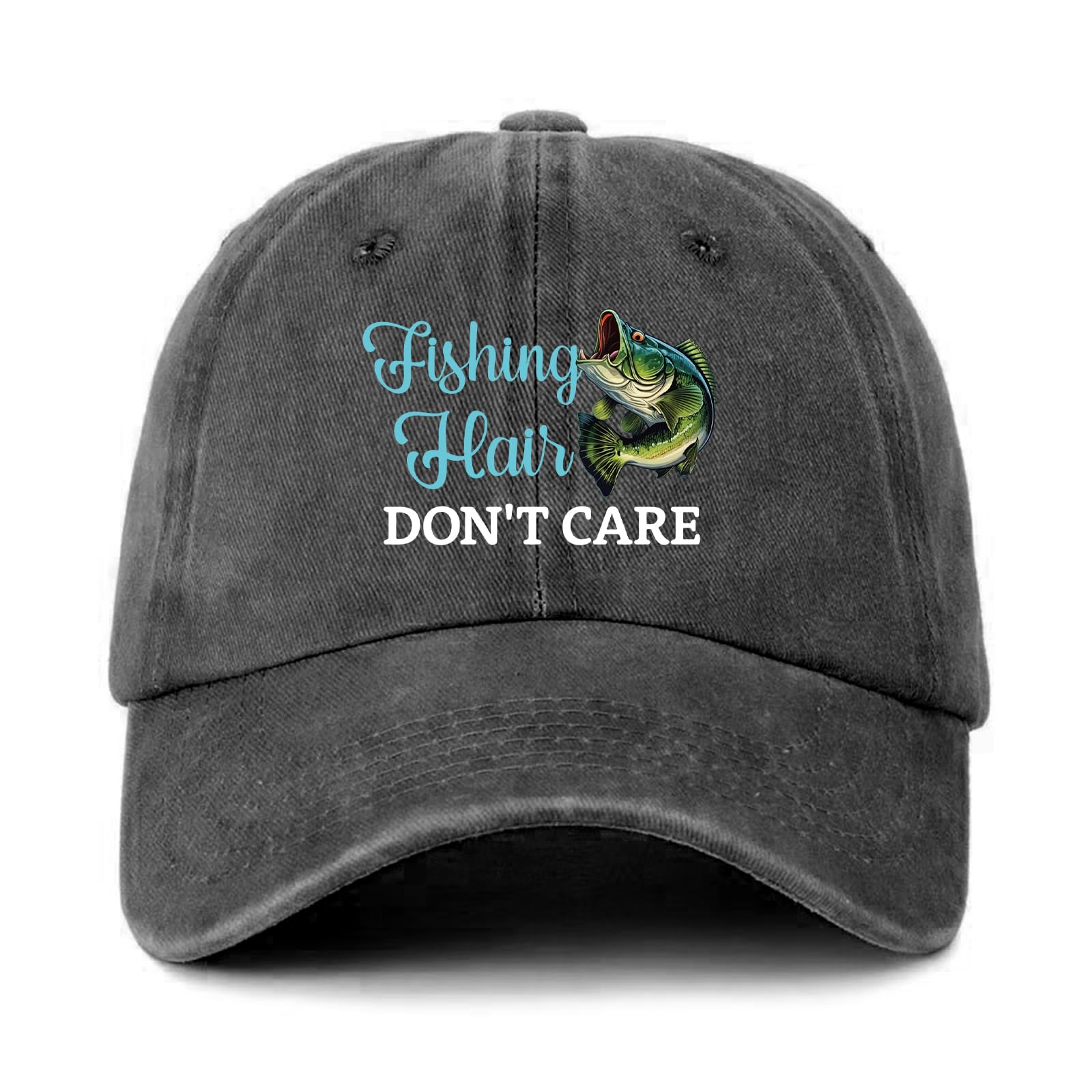 GOSJINNK Funny Fishing Hats Fishing Hair Don't Care Printed Cotton Adjustable Baseball Caps Women's Distressed Washed Black Baseball Hats Funny Trucker Hat Gifts for Dad Grandpa Friend Fishing Lover