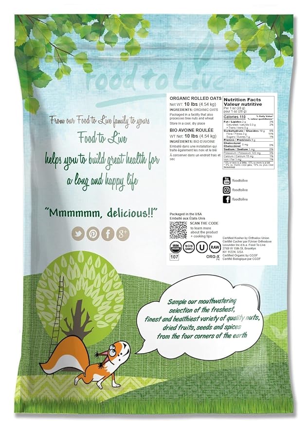 Avena Orgánica en Hojuelas Food to Live, 10 Libras (160 oz) miniatura 2