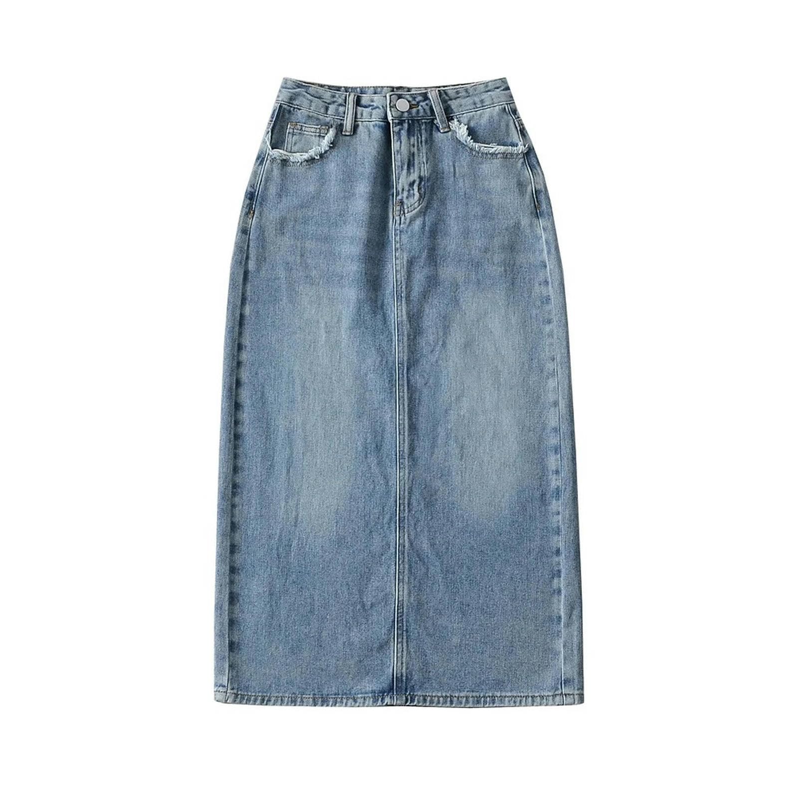 Jupe en jean blanc lavé rétro à fente au dos pour un style d'été élégant