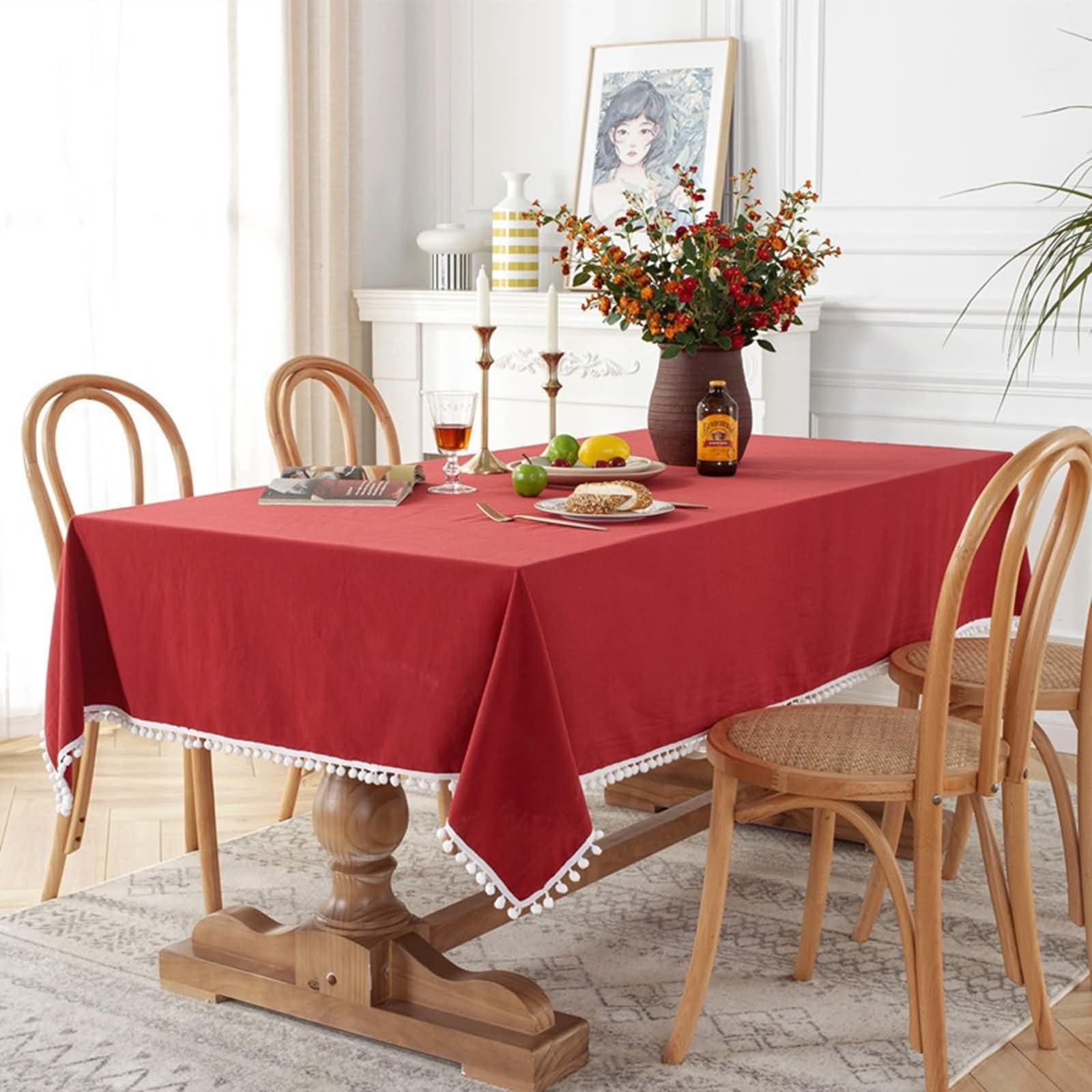 Mantel Antimanchas y Lavable Rectangular Rojo Mesa, Color Sólido con Pompones, de Algodón Lavable, 140 x 250 cm, Mantel para Comedor y Cocina