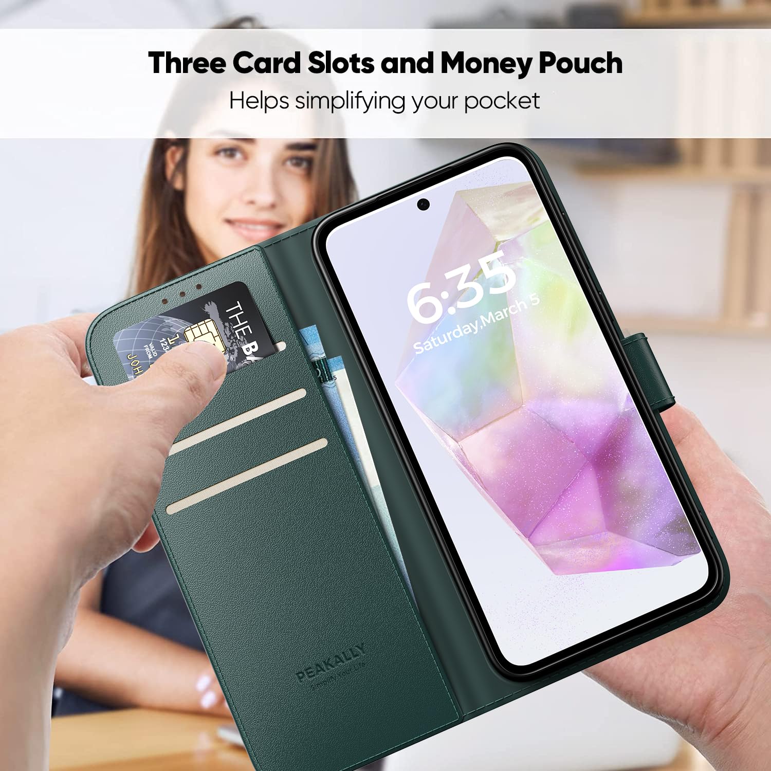 Peakally Cover per Samsung Galaxy A35 [Con 1 vetro protettivo] [Pelle PU di alta qualità] [Blocco RFID] [Slot per scheda] [Cavalletto] Custodia a libro con Galaxy A35 - (Verde scuro)