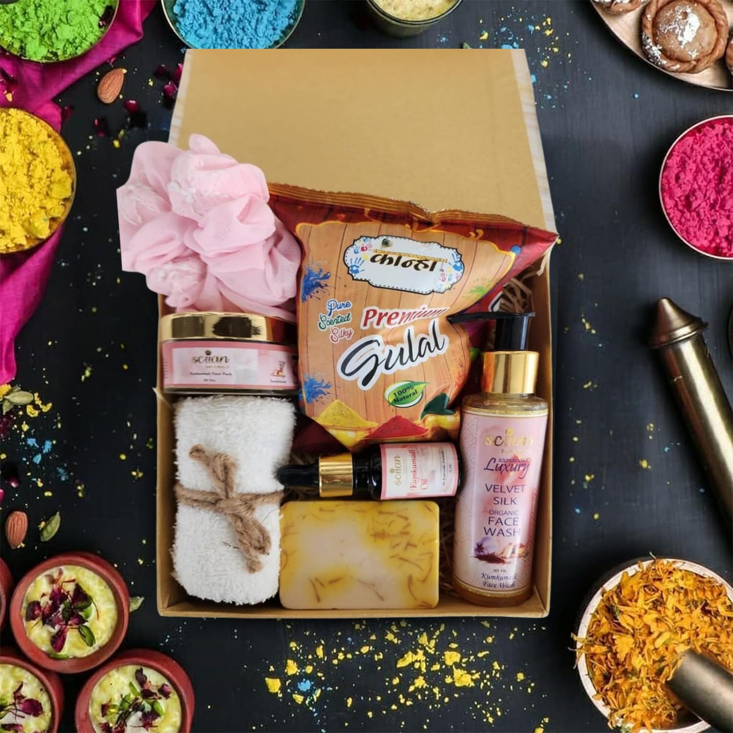 Aura By Sciian Holi Gift Hamper | Herbal Gulal, Saffron Soap, Kumkumadi Facewash, Face Pack & Oil | Towel, Zip Scrunchie & Holi Decorations | Festive Holi Gift Pack-image-3