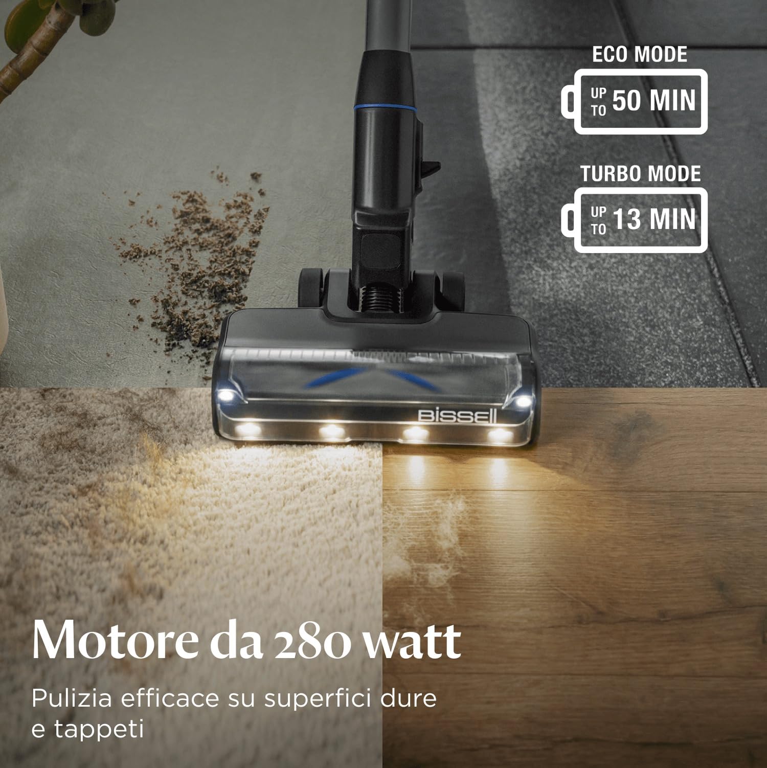 Bissell PowerClean FurGuard, Aspirapolvere Senza Fili, Motore da 280W, Spazzola a rullo Autopulente, Faretti FurFinder, Scopa Elettrica, Autoportante, Filtro HEPA, 2500 mAh Batteria Rimovibile, 4091N