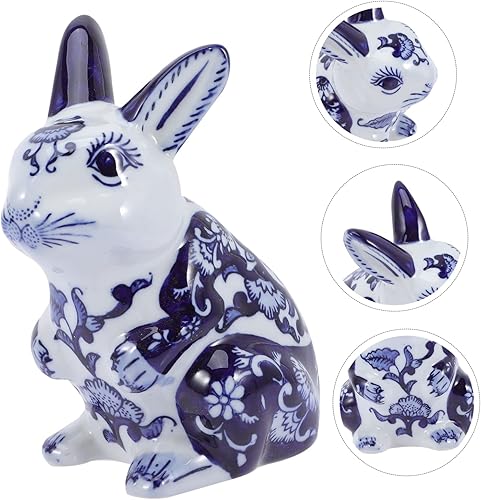 Miniatura 9 de Garneck Adorno de conejo de porcelana azul y blanca Conejito Decoración para pasteles Centro de mesa de conejo Escultura de conejito Año Nuevo 2023