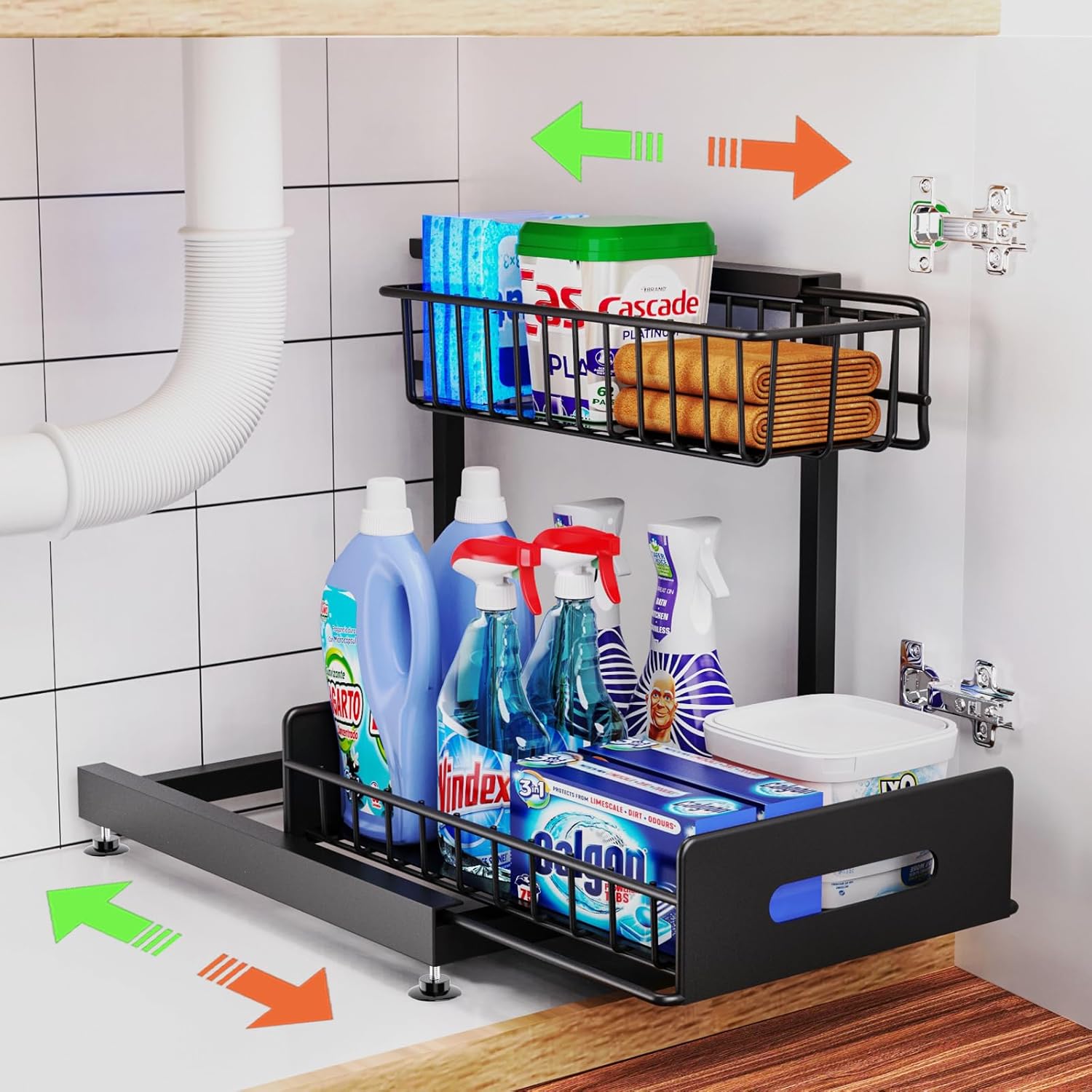 Under Sink Organizer And Storage,Pull Out Cabinet Organizer,2-Tier Slide Out Kitchen Basket Sink Shelf Cabinet Organizers,Adjustable L Shape Under Counter Organizers For Bathroom Kitchen Organization