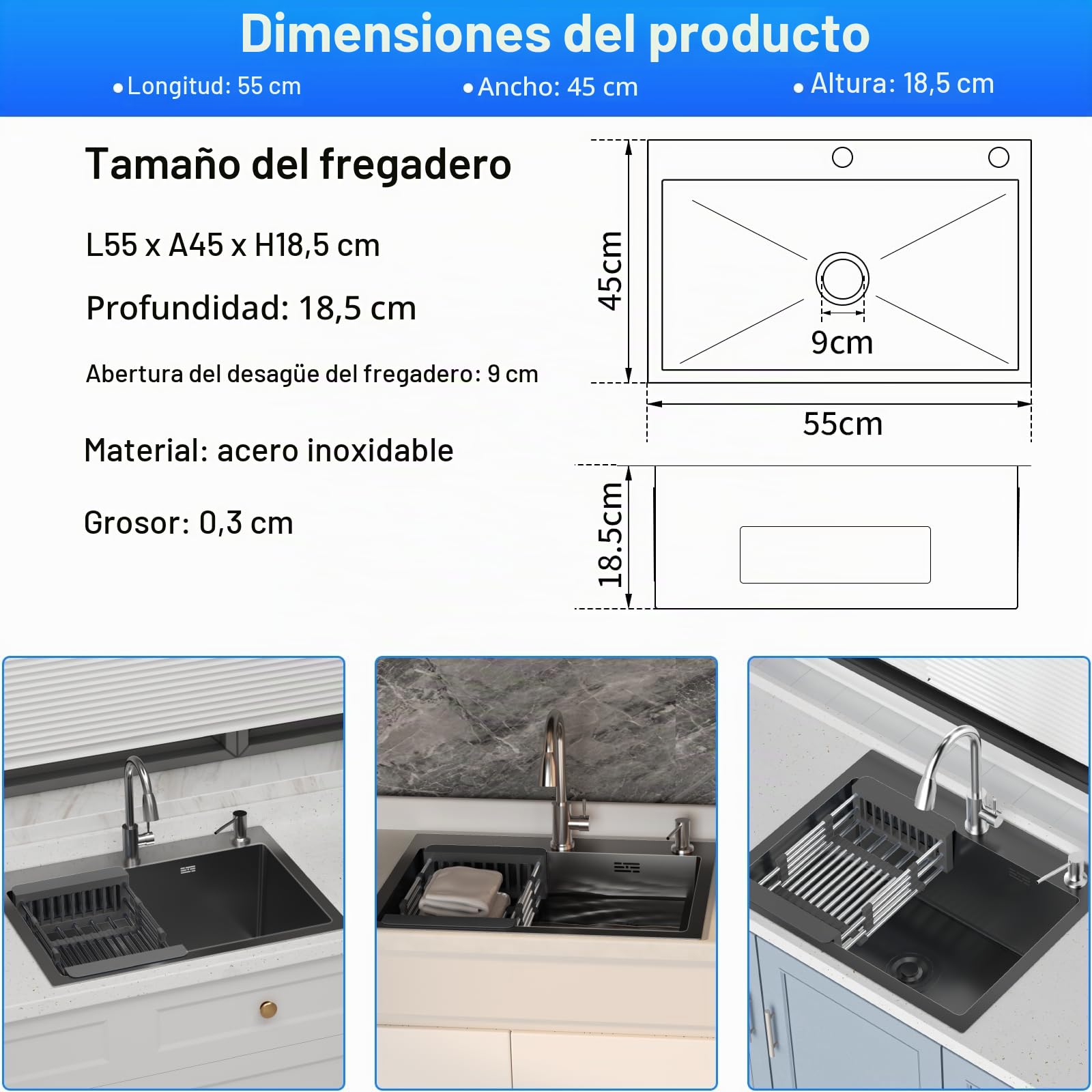 Fregadero Cocina 55 x 45cm,Fregadero Cocina en Acero Inoxidable,Fregadero Bajo Encimera o Sobre Encimera con Filtro de Drenaje,Sifón e Juego de Desagüe