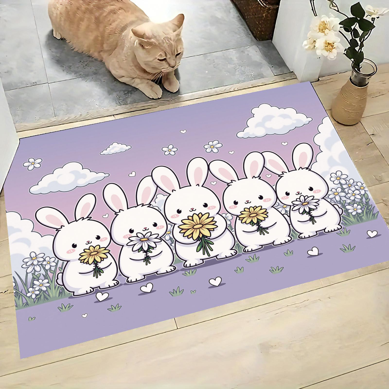 Paillasson d'entrée lapin violet 60x90 cm lavable et antidérapant