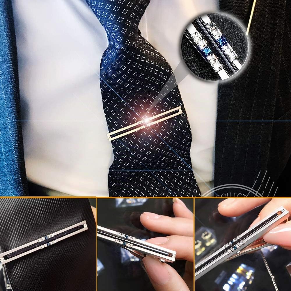 Shinning Galaxy Stone Manschettenknöpfe und Krawattenklammer-Set mit Geschenkbox und Grußkarte, Strip Galaxy Dark Blue Manschettenknöpfe und Krawattenklammer-Geschenkset für Herren